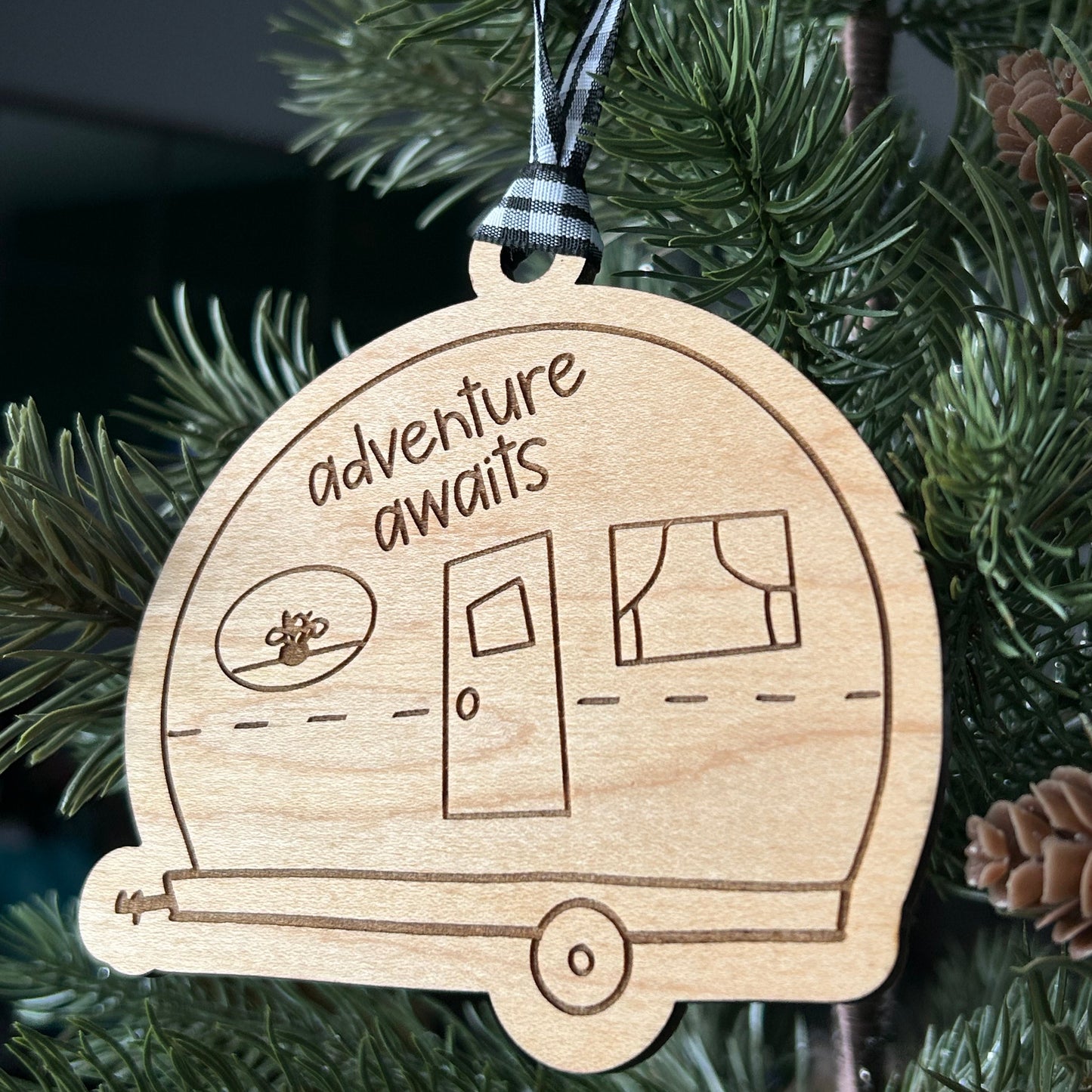 Adventure awaits - wood ornament in the shape of a camper doodle by Novotny Designs
