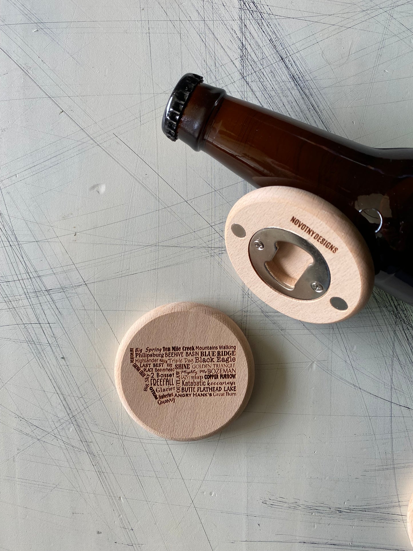 Montana craft breweries magnetic engraved wood bottle opener - Novotny Designs