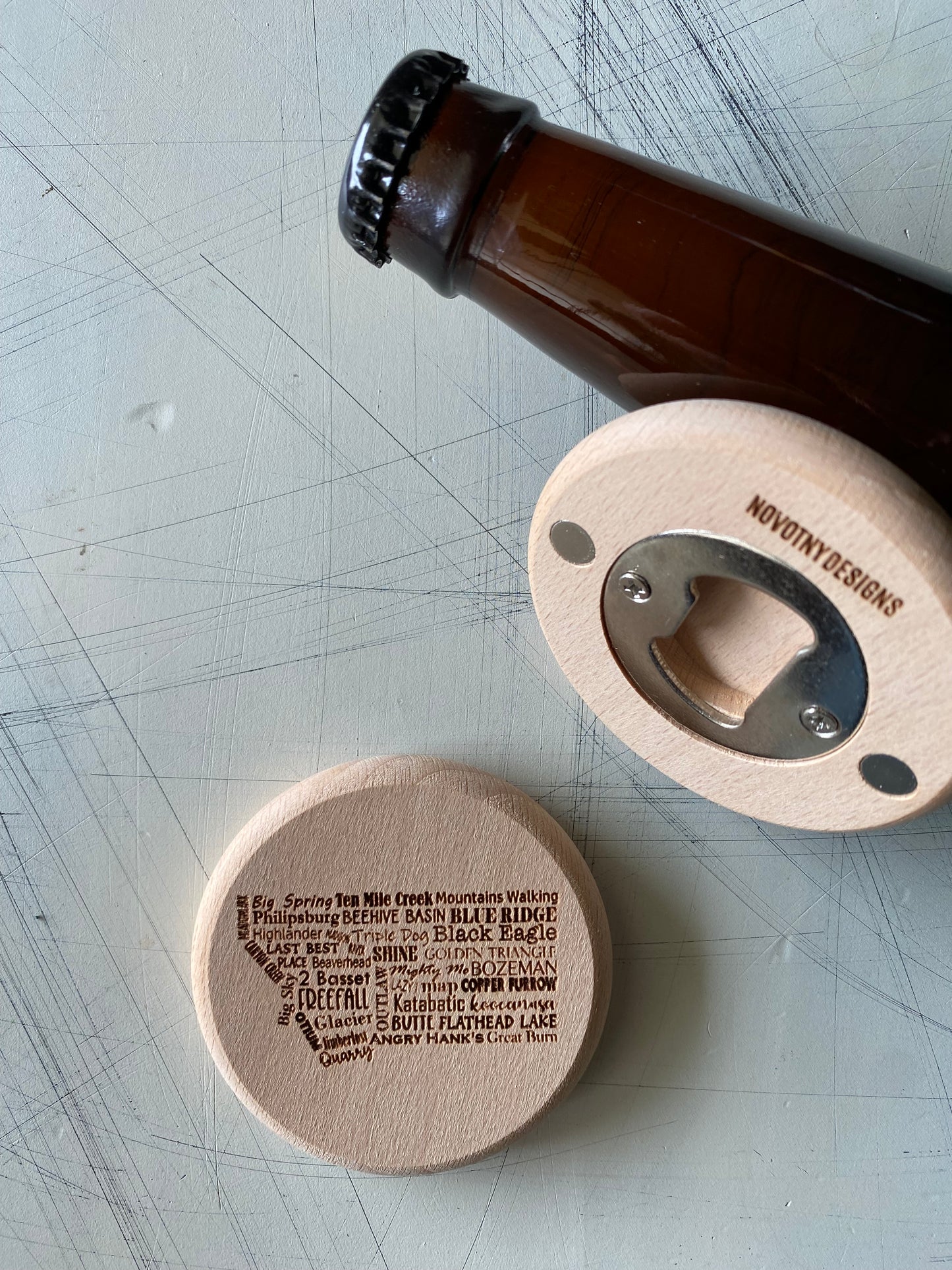Montana craft breweries magnetic engraved wood bottle opener - Novotny Designs