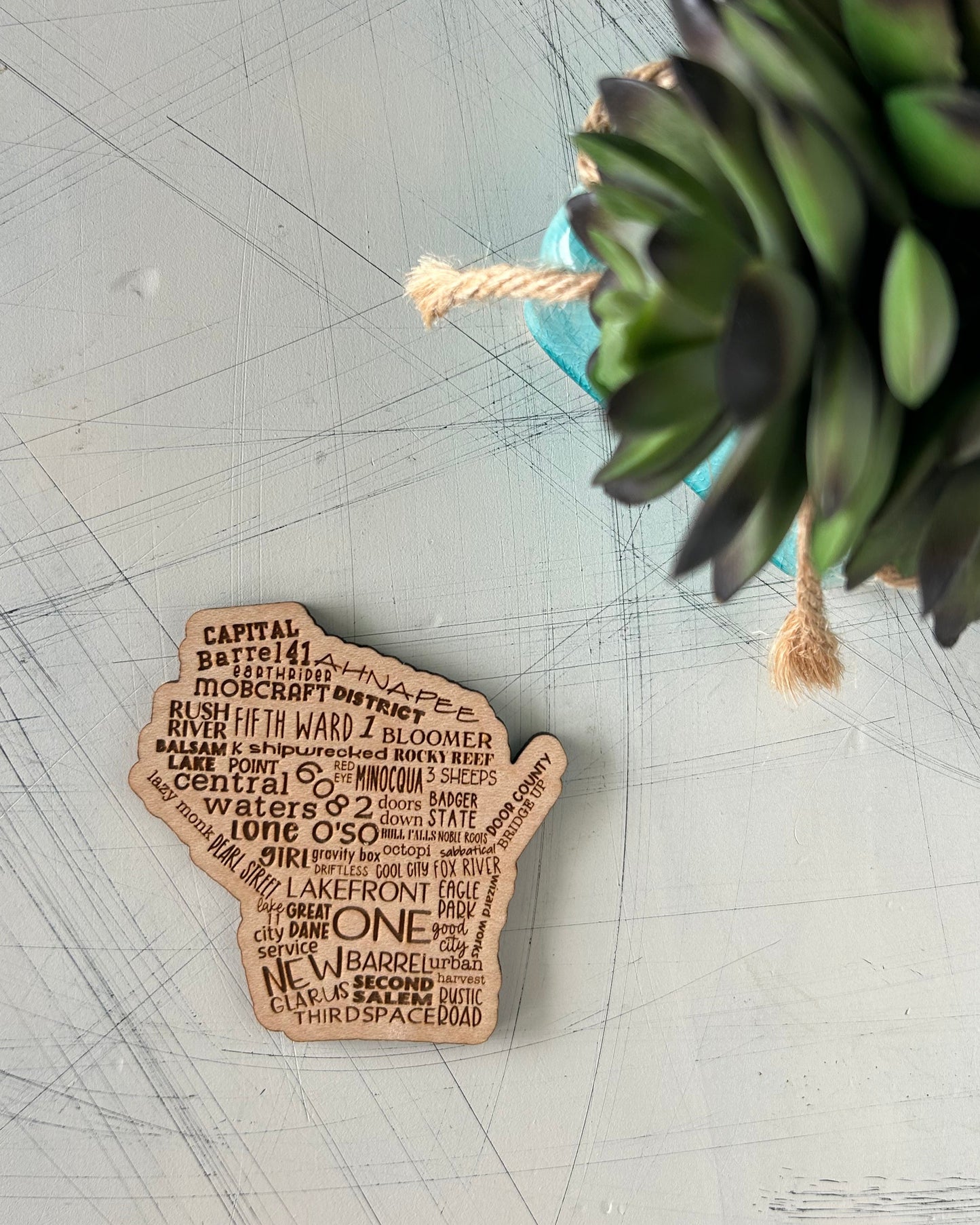 Wisconsin breweries engraved wood refrigerator magnet