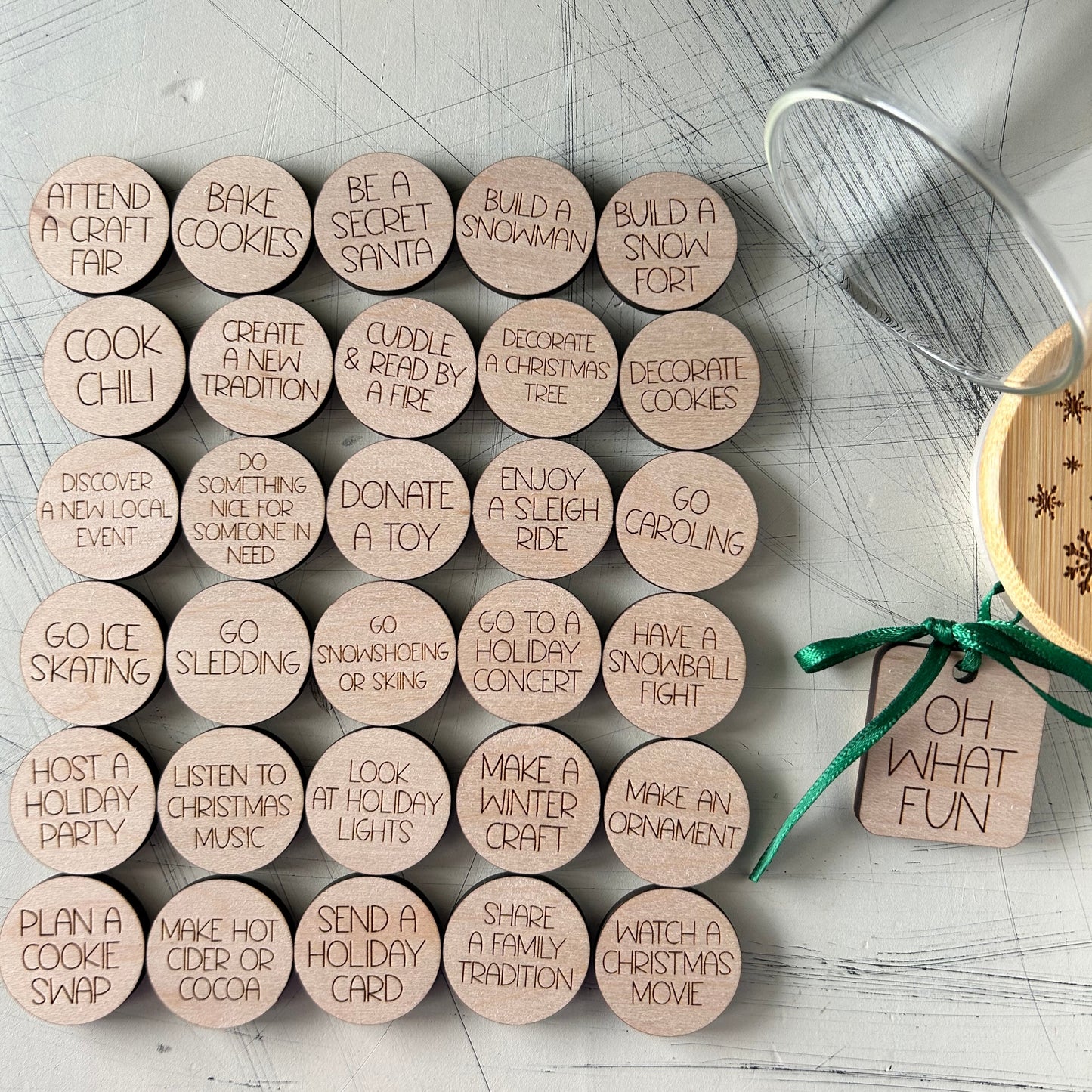 Holiday family fun - winter activity token jar by Novotny Designs includes 30 wood tokens