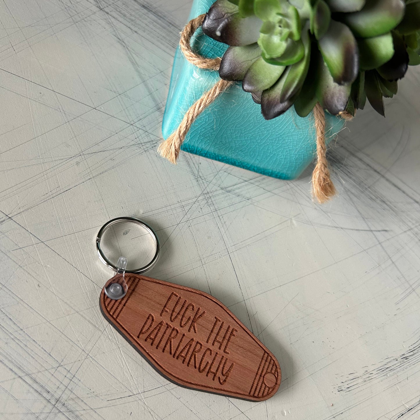 Fuck the Patriarchy - Wood Motel-style Keychain by Novotny Designs