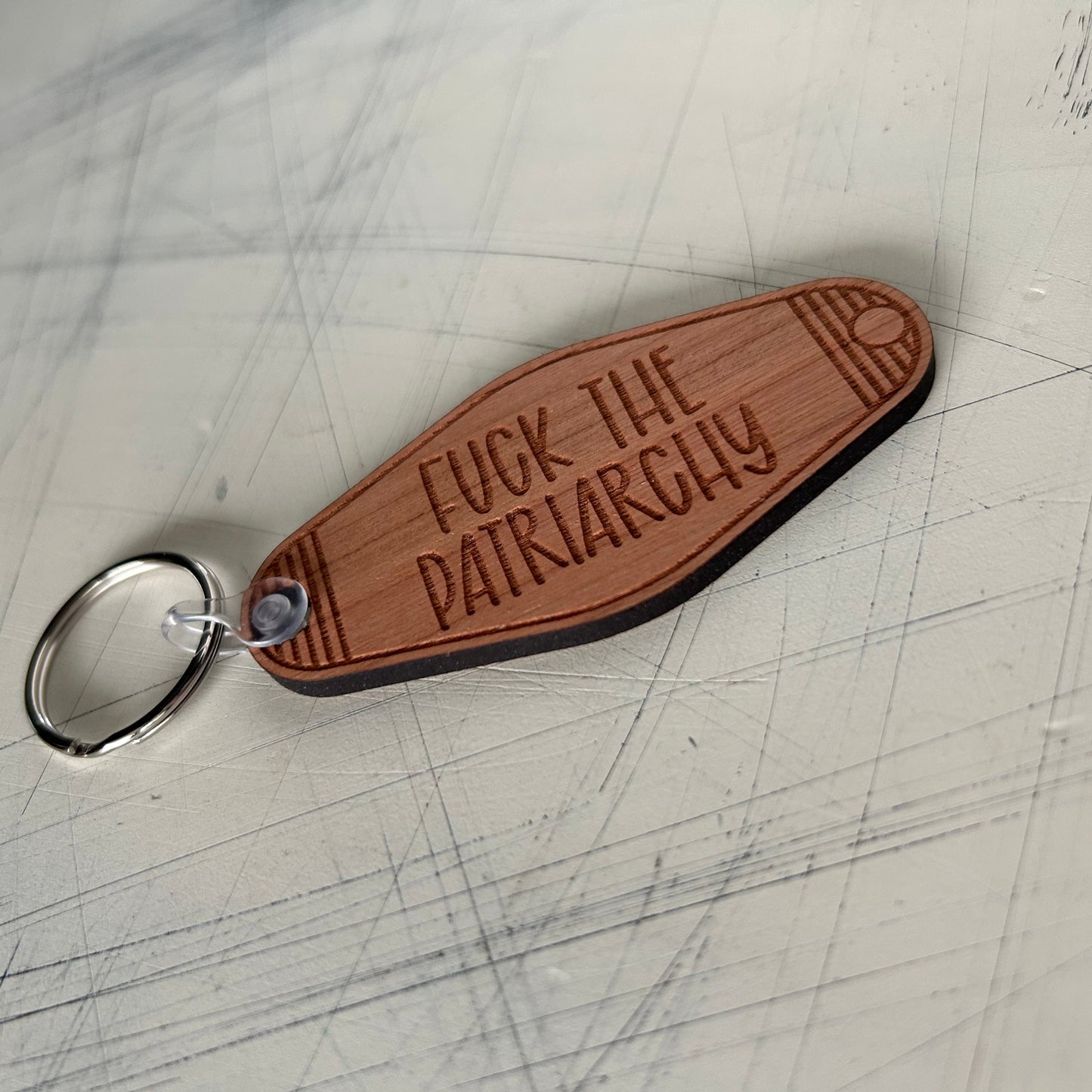 Fuck the Patriarchy - Wood Motel-style Keychain by Novotny Designs