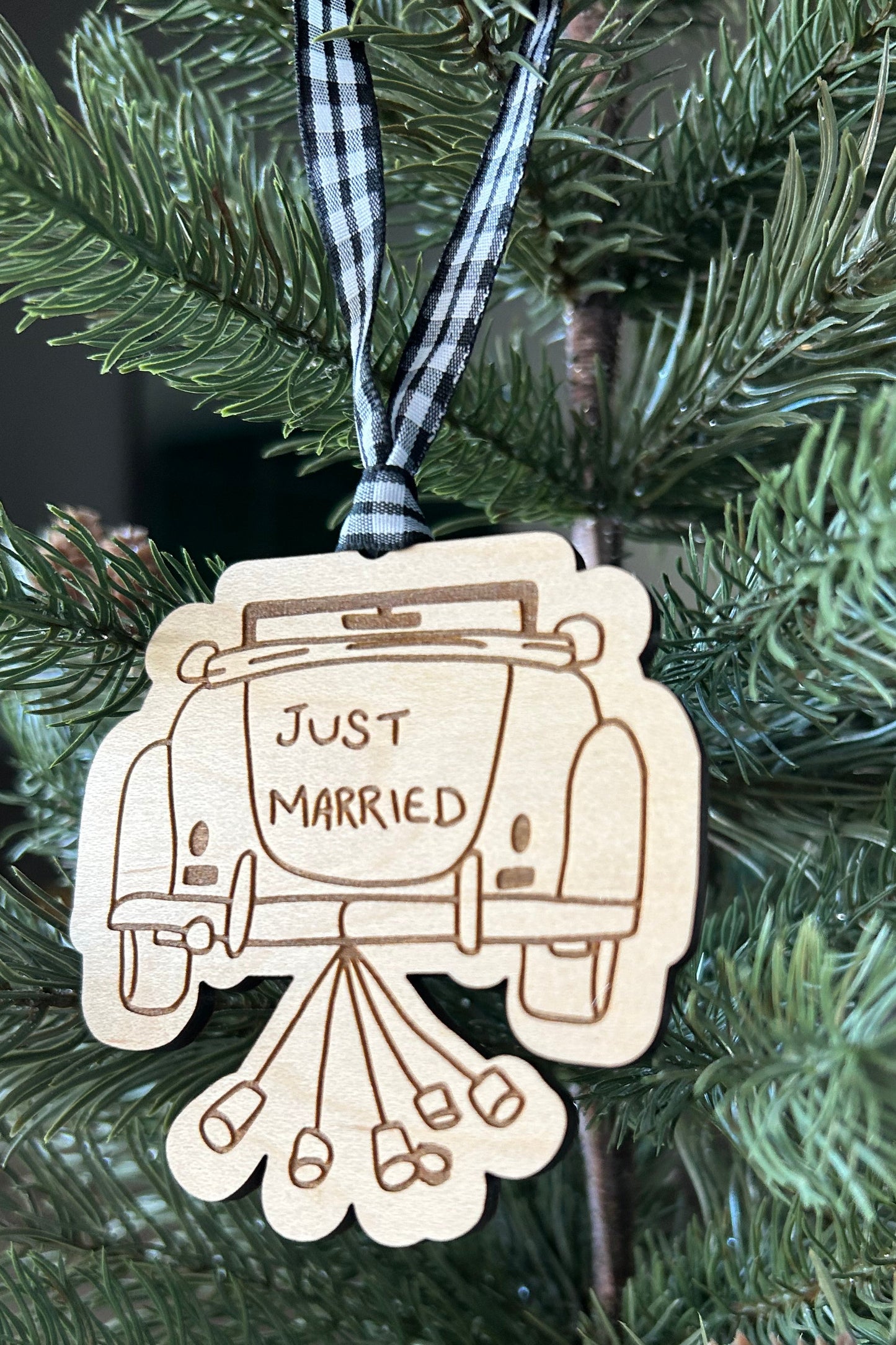 Just Married engraved maple vintage car ornament by Novotny Designs