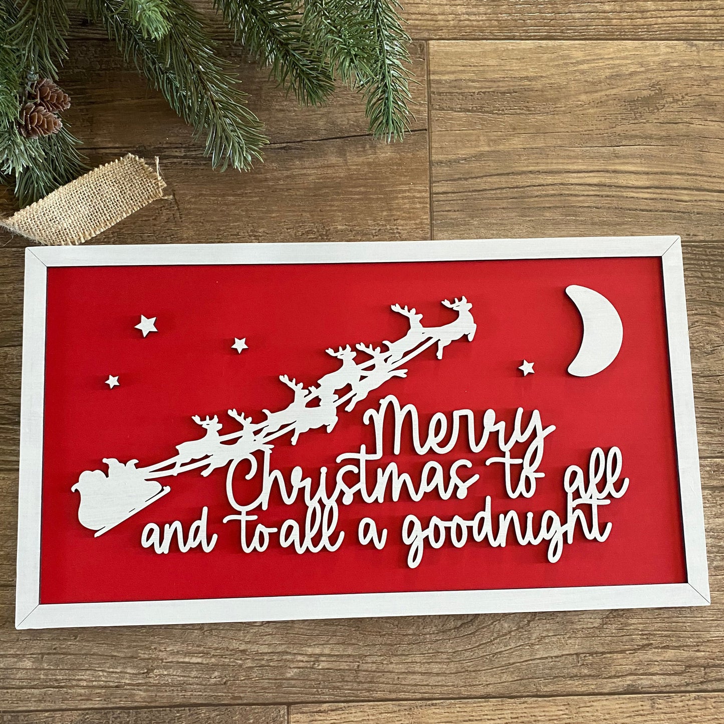 Merry Christmas to all and to all a goodnight - Novotny Designs - red 3D Santa scene framed wood sign