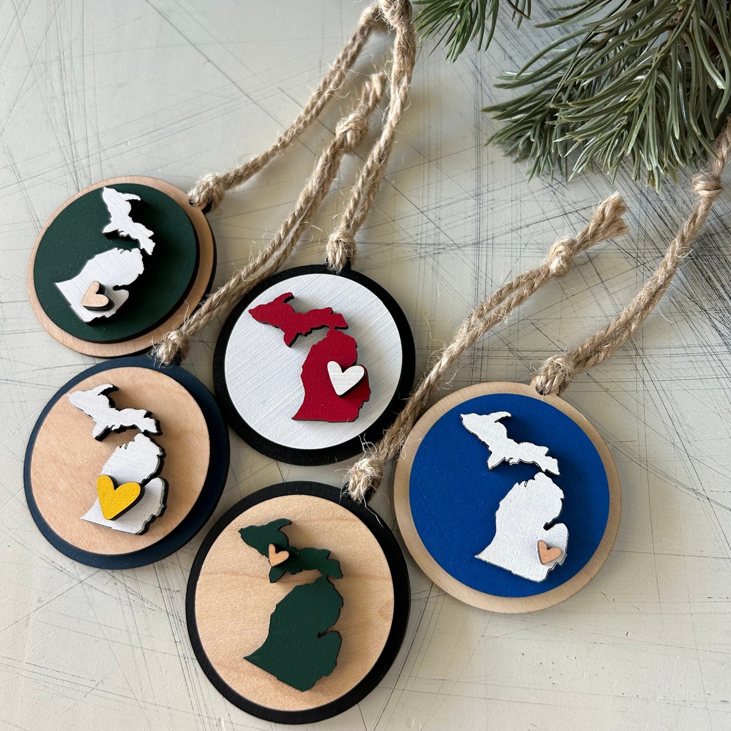 Small handmade Michigan round ornament with heart by Novotny Designs