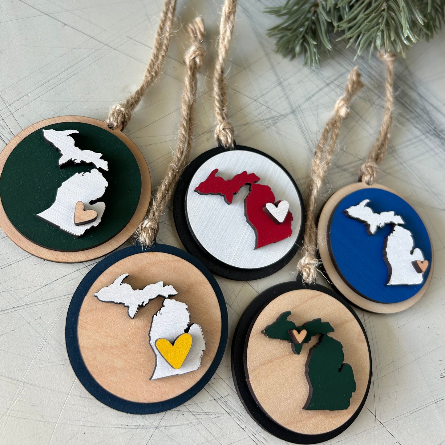 Small handmade Michigan round ornament with heart by Novotny Designs