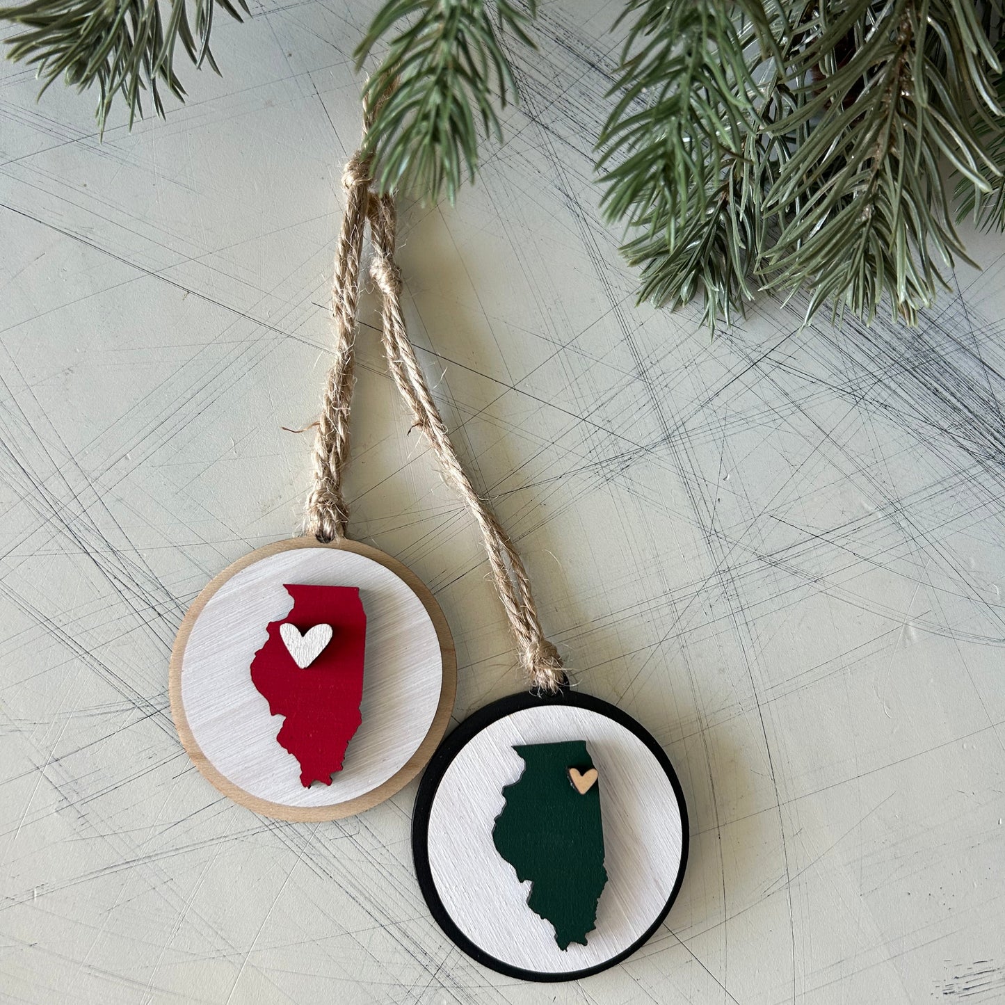 Small handmade Illinois round ornament with heart by Novotny Designs