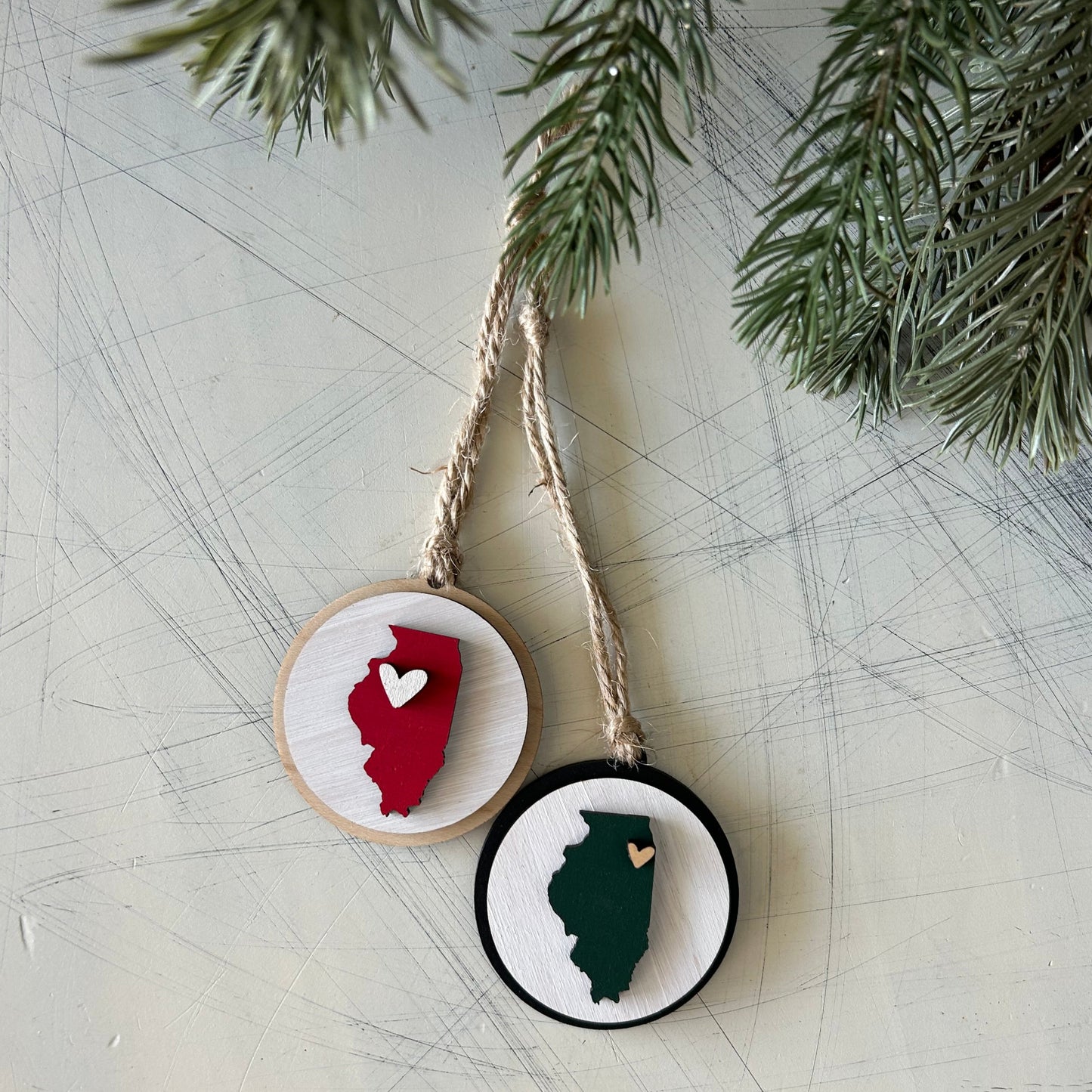 Small handmade Illinois round ornament with heart by Novotny Designs