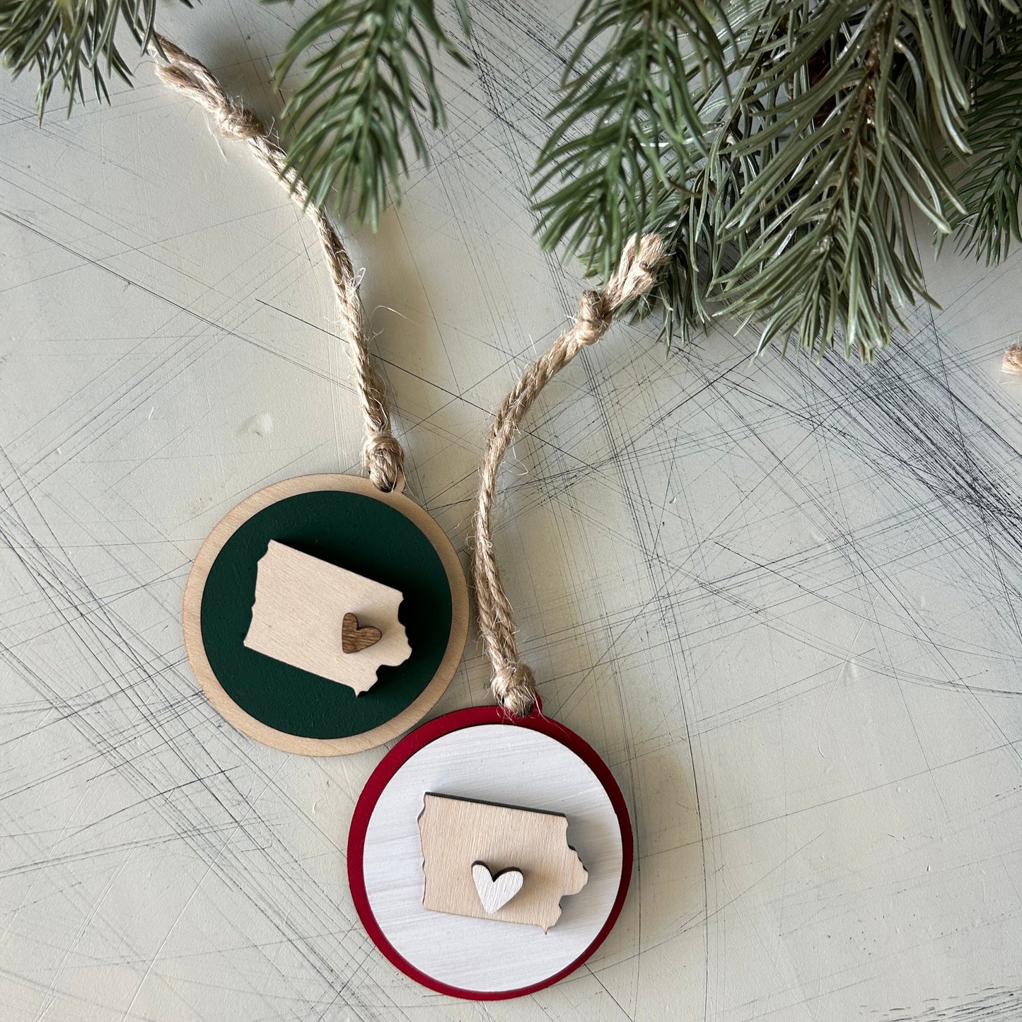 Small handmade Iowa round ornament with heart by Novotny Designs