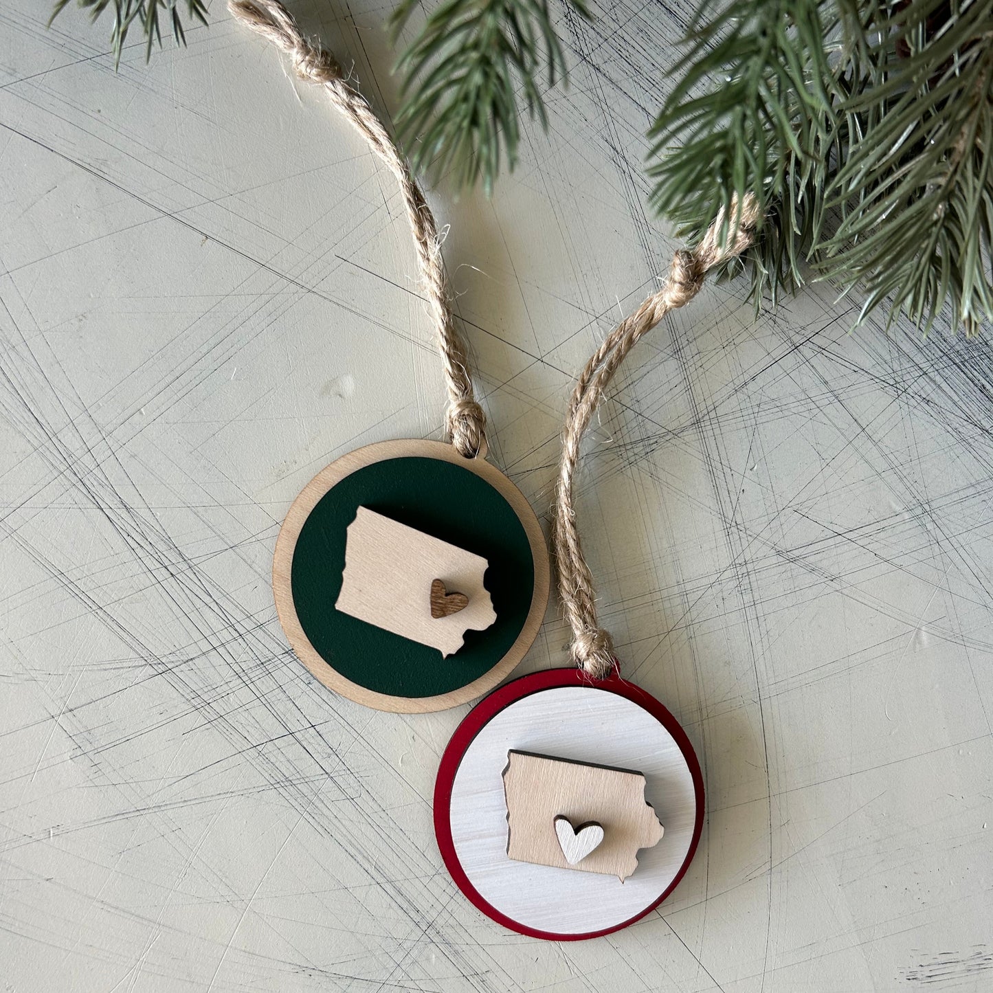 Small handmade Iowa round ornament with heart by Novotny Designs