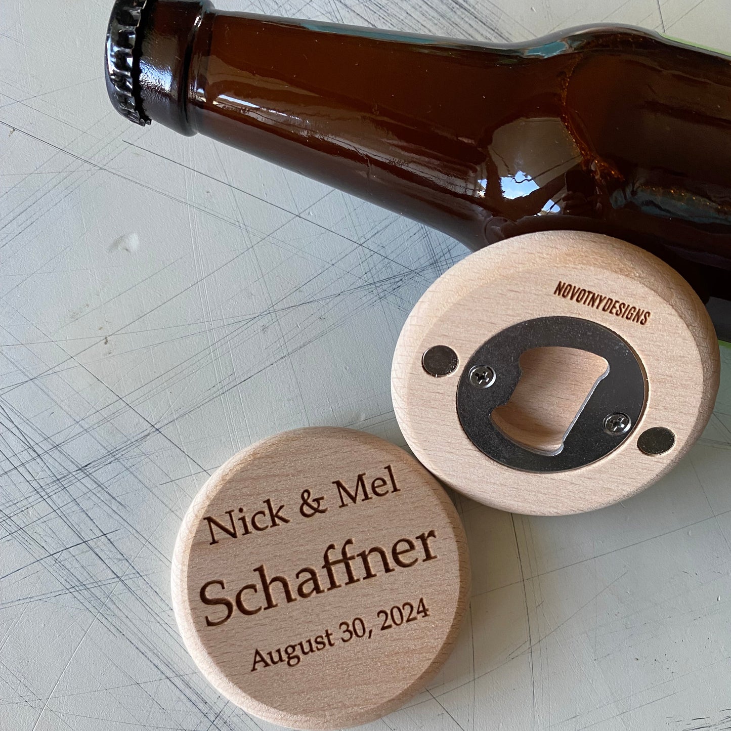 Customized bottle opener wedding favors - Novotny Designs - engraved wood magnetic opener