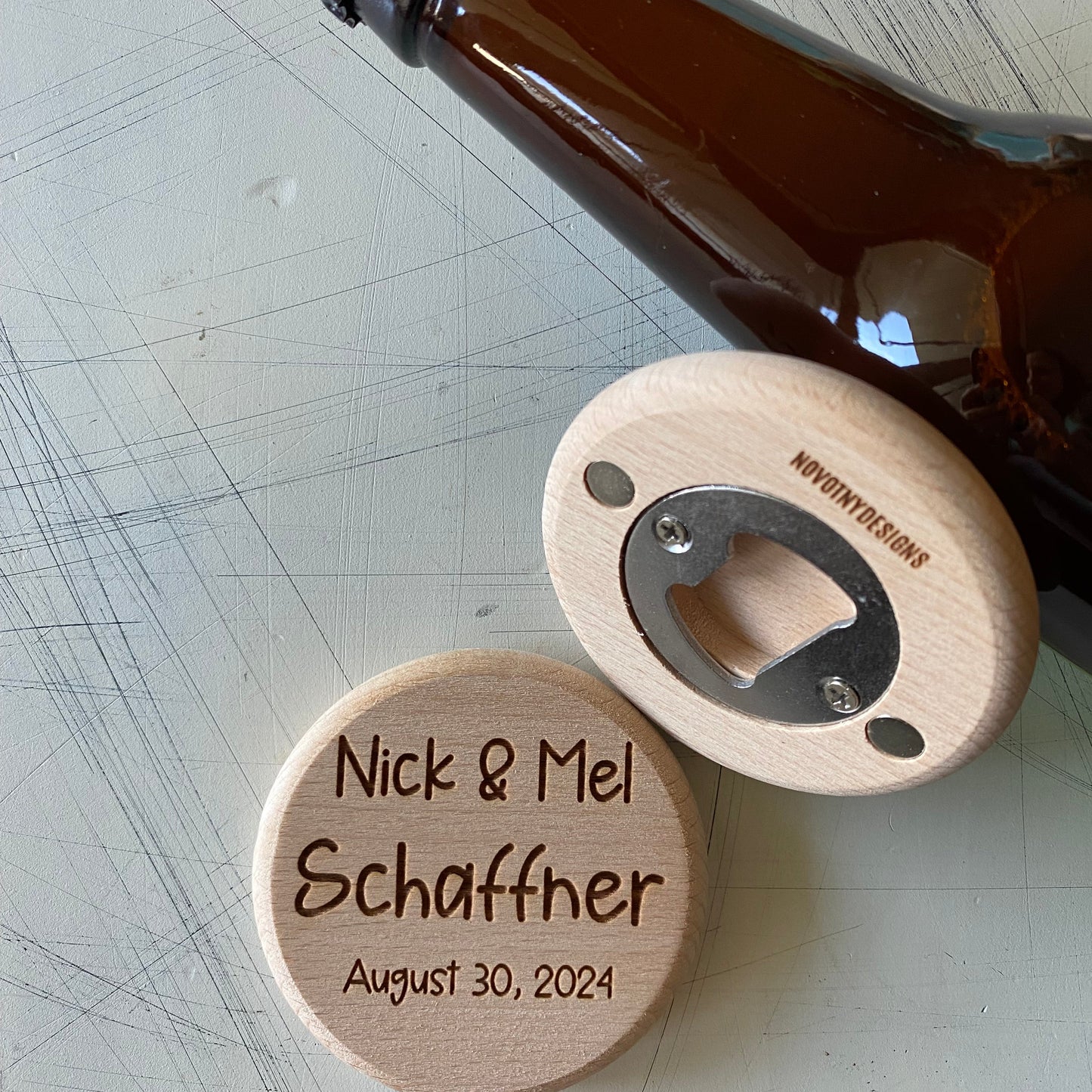 Customized bottle opener wedding favors - Novotny Designs - engraved wood magnetic opener