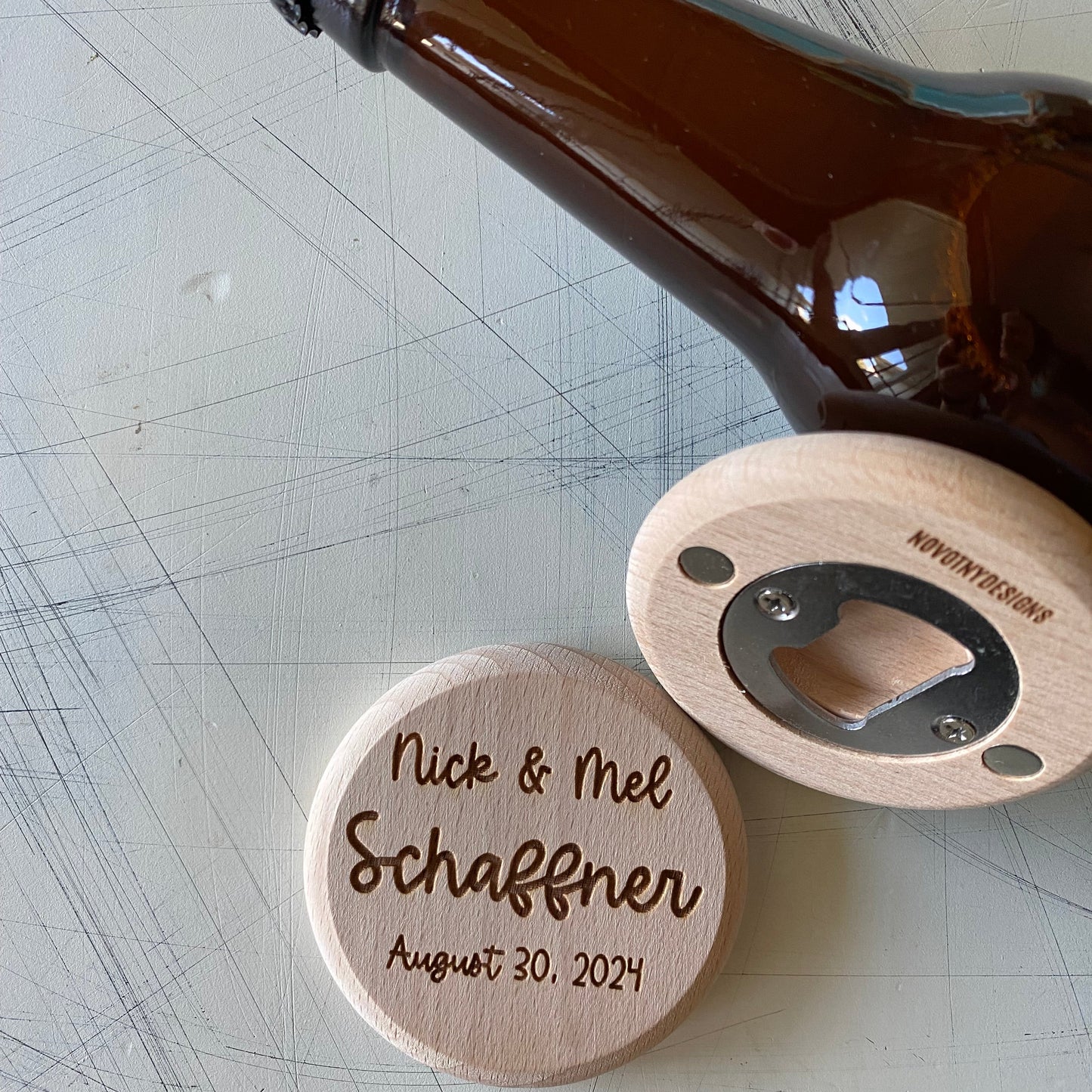 Customized bottle opener wedding favors - Novotny Designs - engraved wood magnetic opener