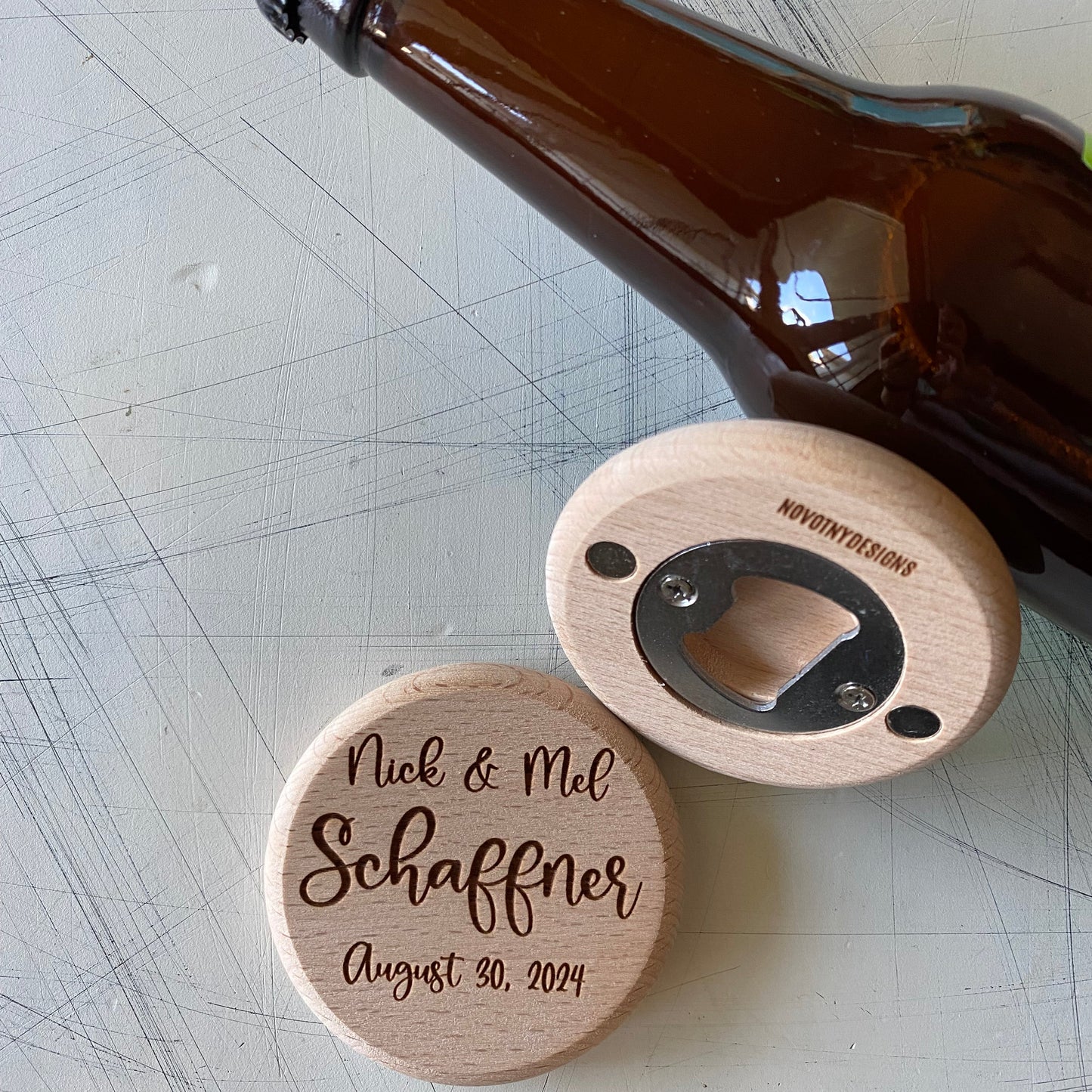 Customized bottle opener wedding favors - Novotny Designs - engraved wood magnetic opener