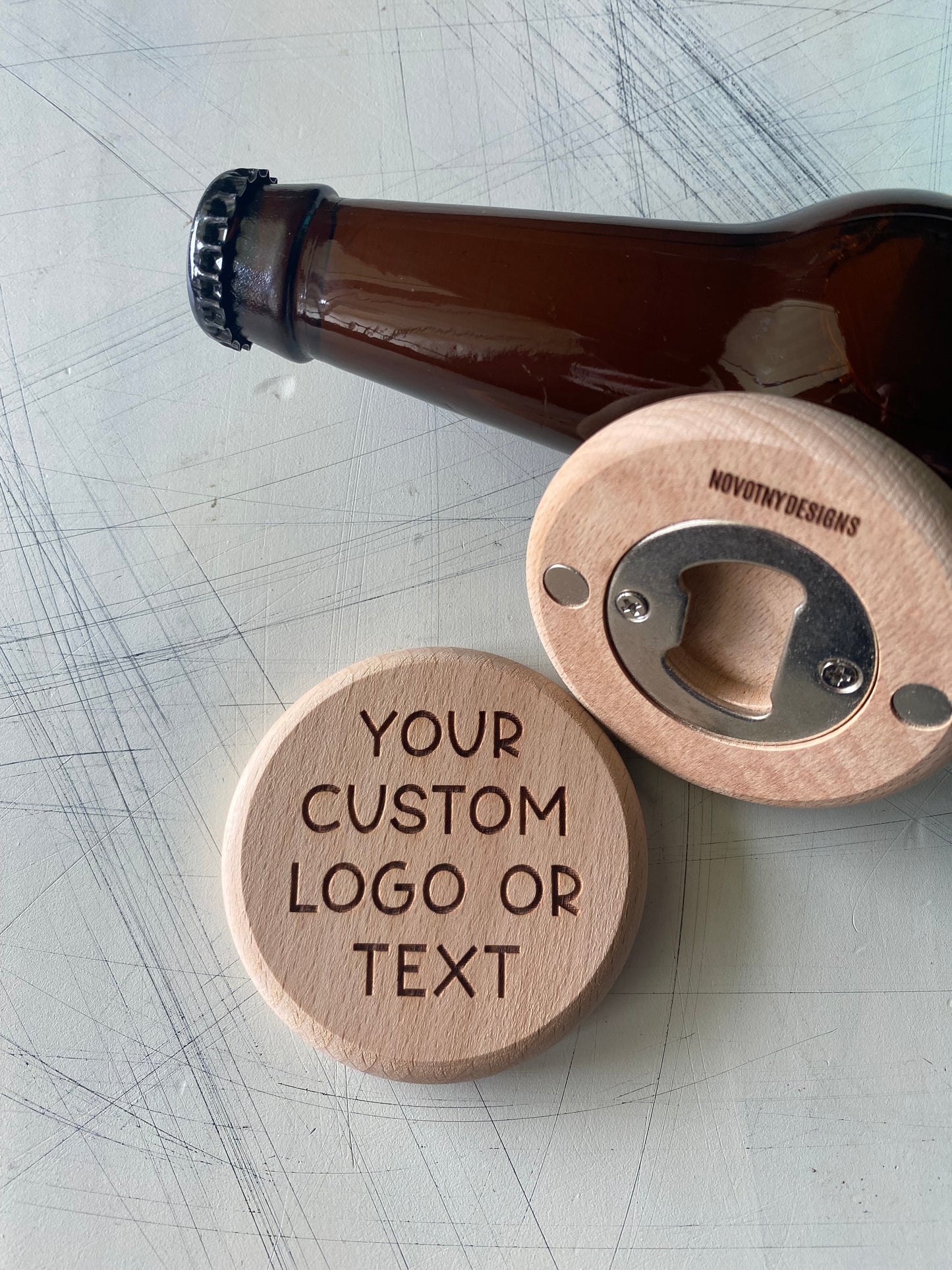 Create a custom bottle opener with your own text or logo! - Magnetic wood bottle opener by Novotny Designs