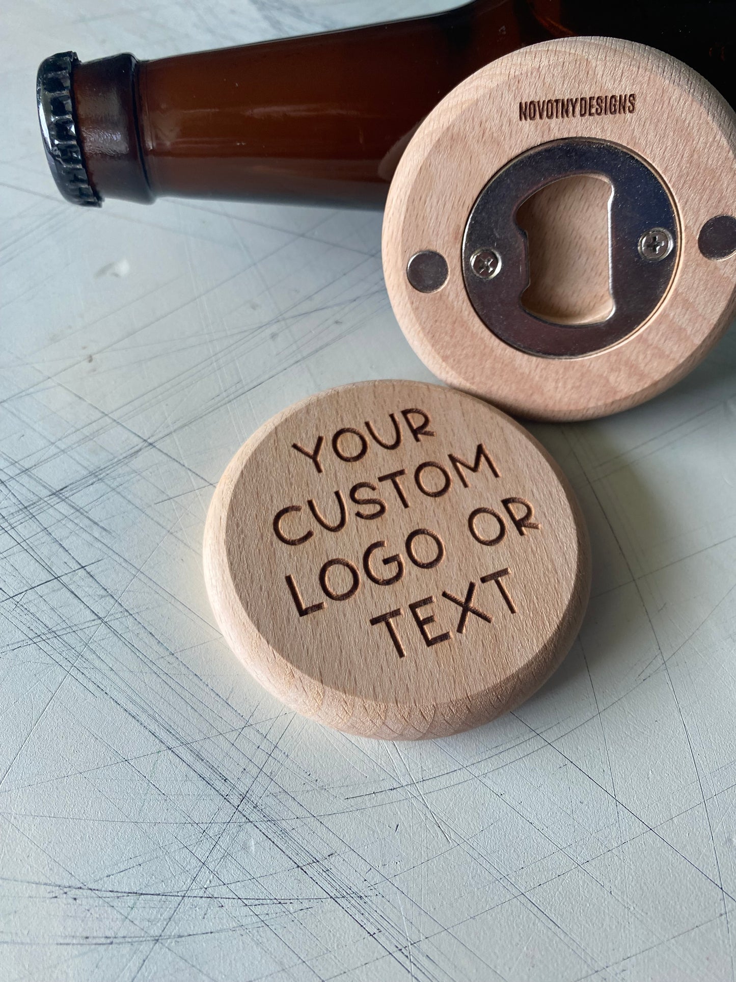 Create a custom bottle opener with your own text or logo! - Magnetic wood bottle opener by Novotny Designs
