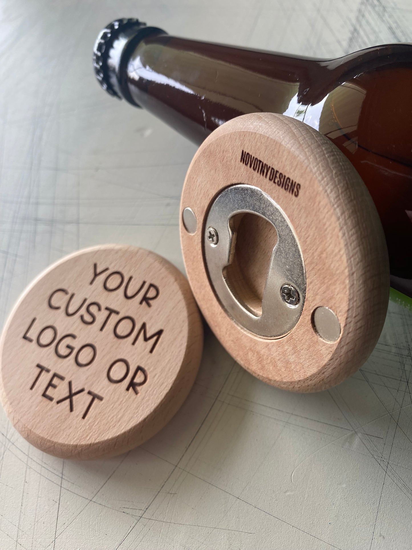 Create a custom bottle opener with your own text or logo! - Magnetic wood bottle opener by Novotny Designs