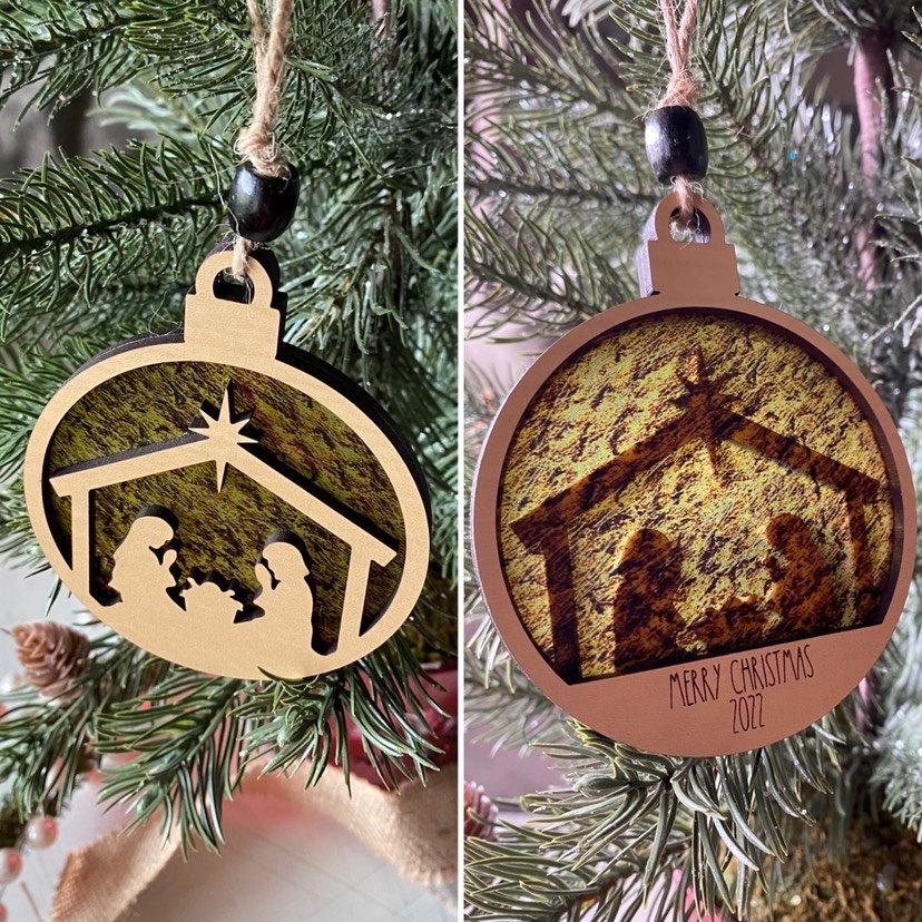 Gold and Natural, transparent Nativity double-sided ornament