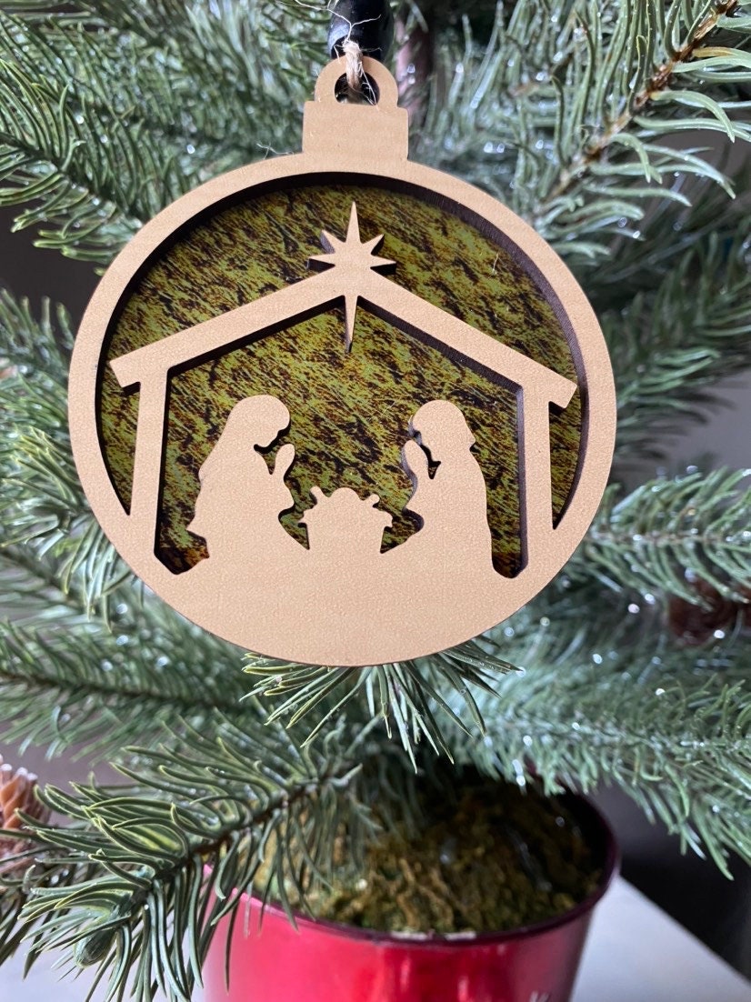 Gold and Natural, transparent Nativity double-sided ornament