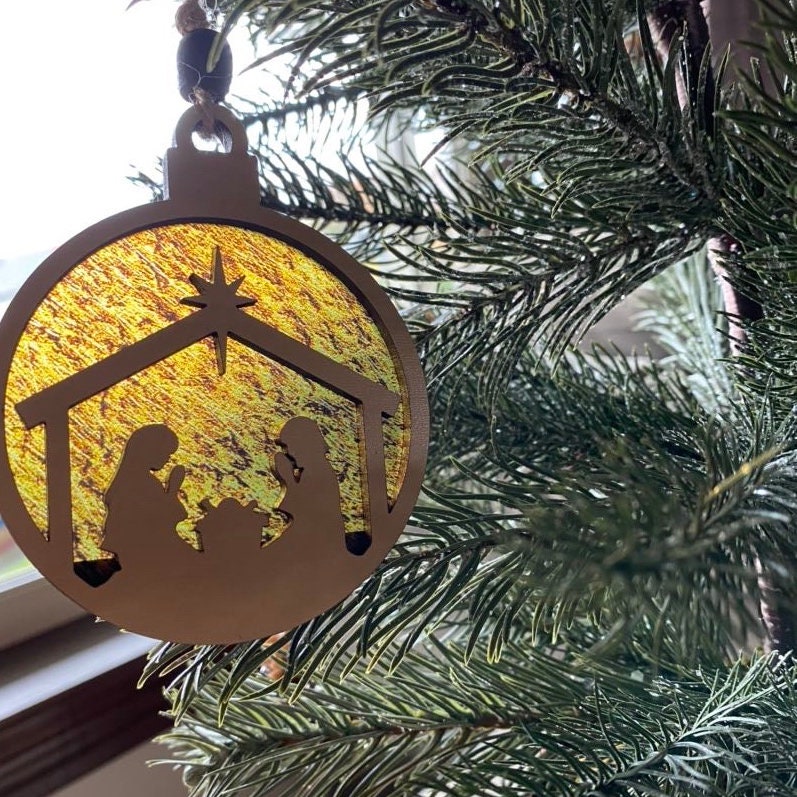 Gold and Natural, transparent Nativity double-sided ornament