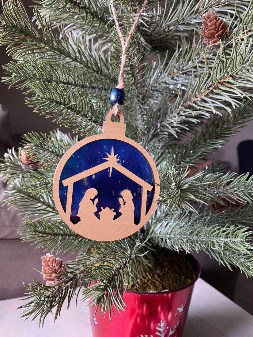 Navy and Natural double-sided nativity ornament - handmade round Christmas ornament