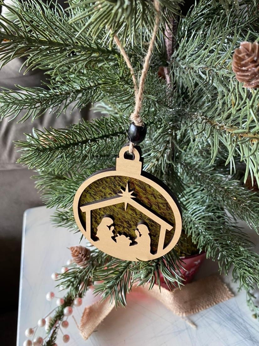 Gold and Natural, transparent Nativity double-sided ornament