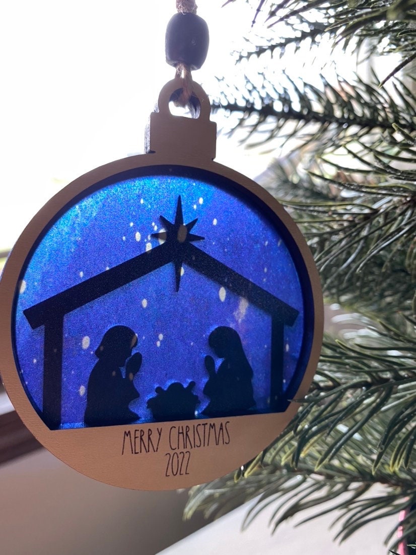 Navy and Natural double-sided nativity ornament - handmade round Christmas ornament
