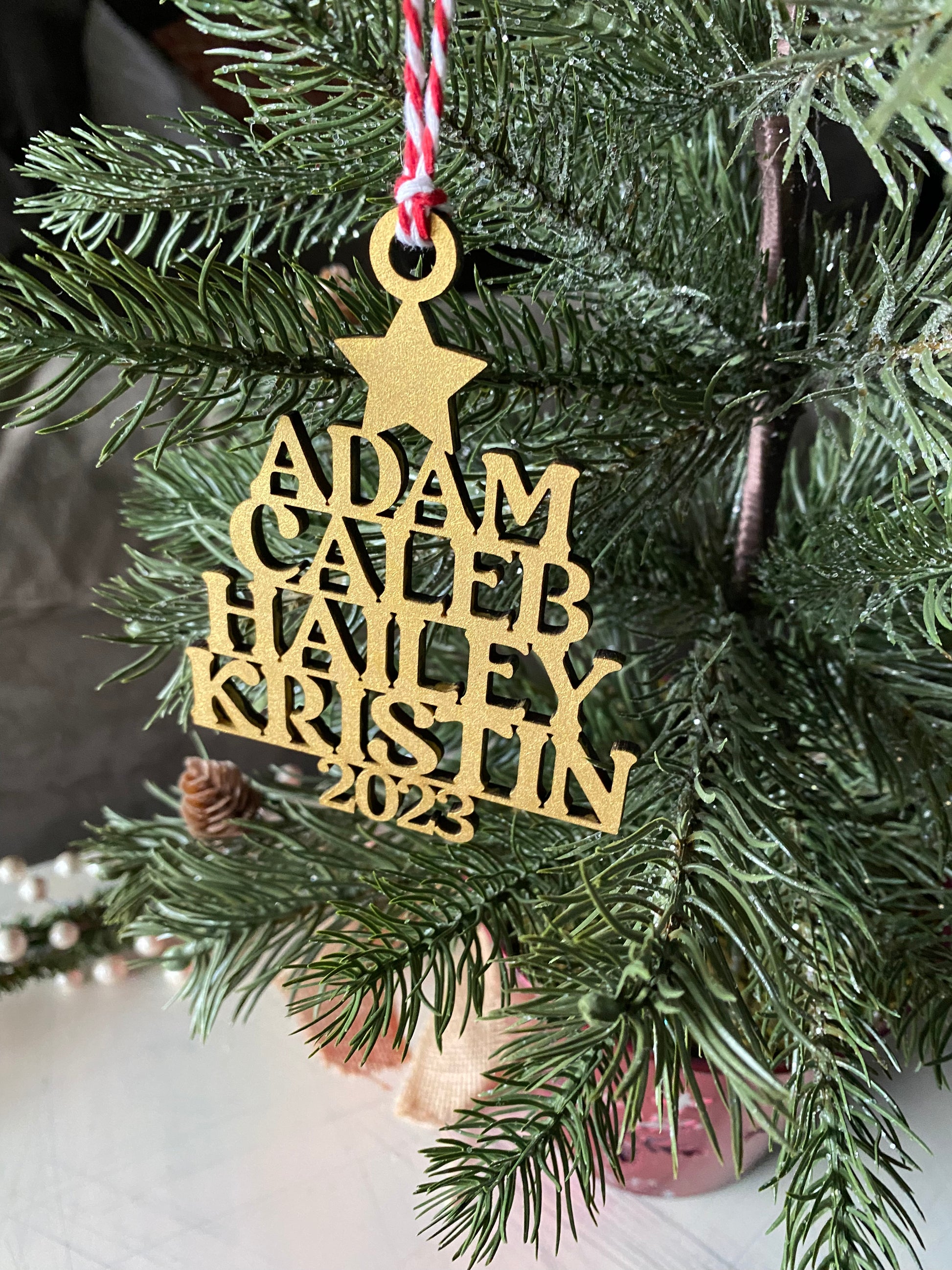 Personalized family name keepsake ornament - Novotny Designs - metallic gold with red and white twine
