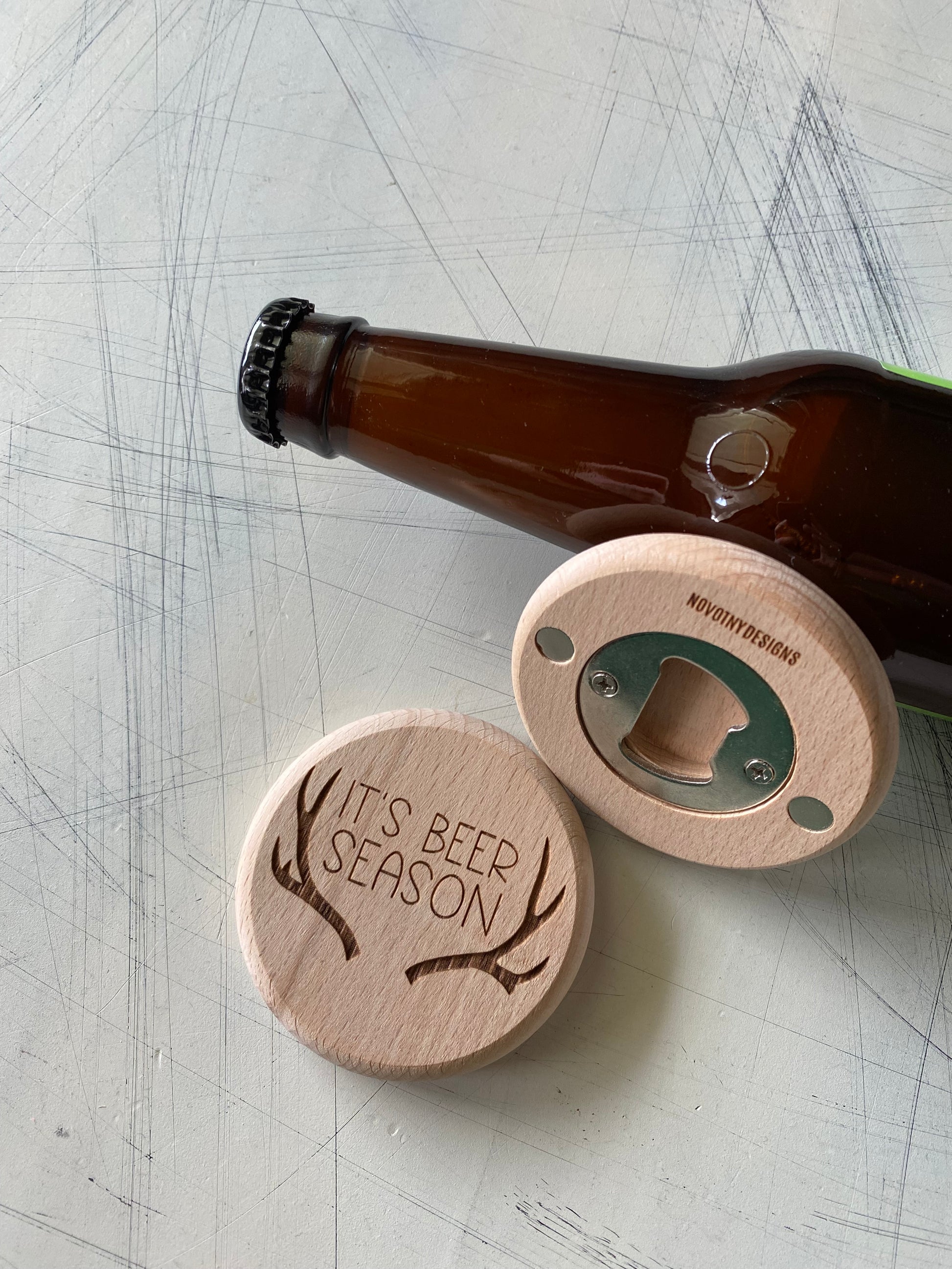 It's Beer Season - Novotny Designs - engraved wood magnetic wood bottle opener