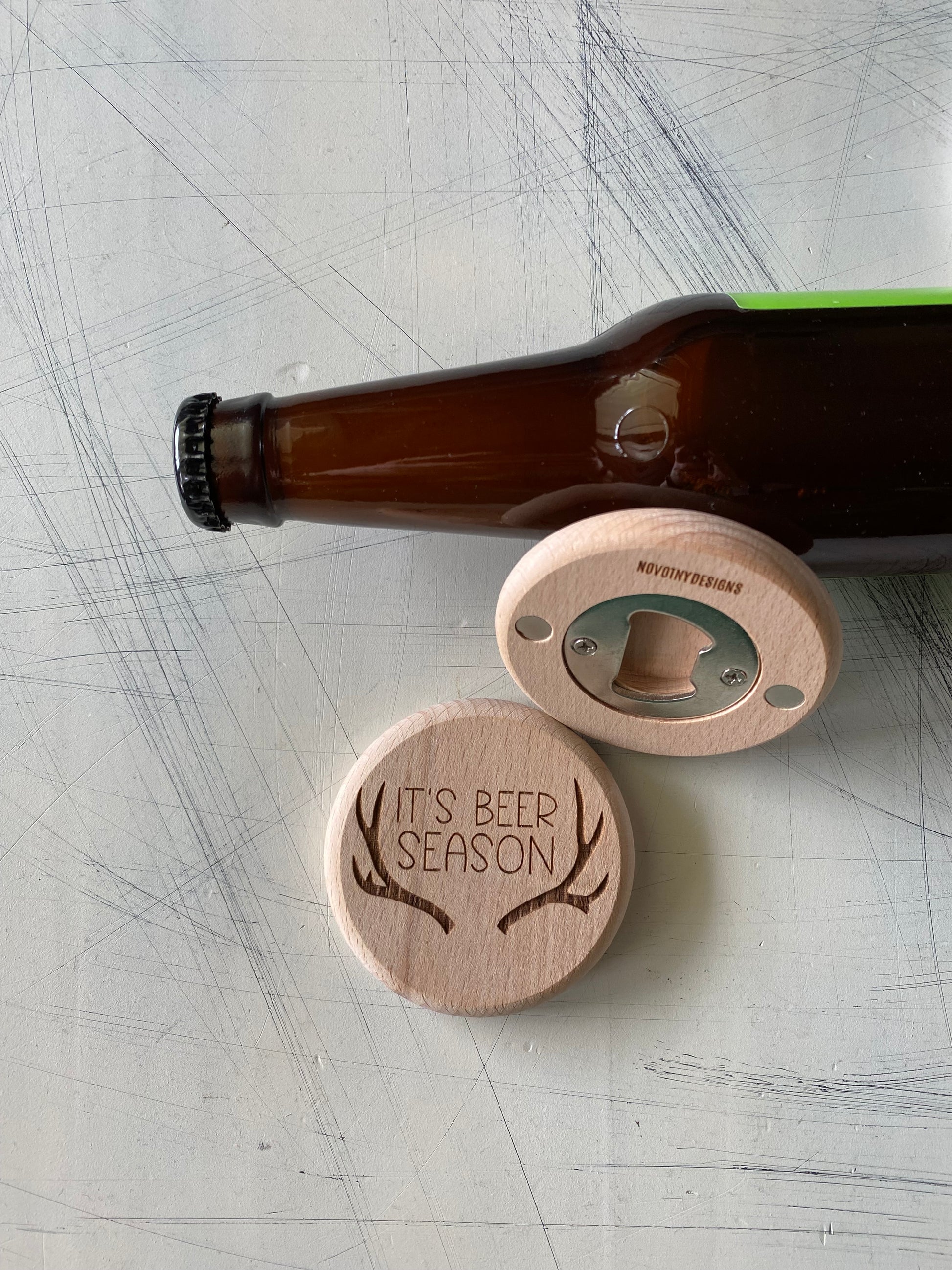 It's Beer Season - Novotny Designs - engraved wood magnetic wood bottle opener