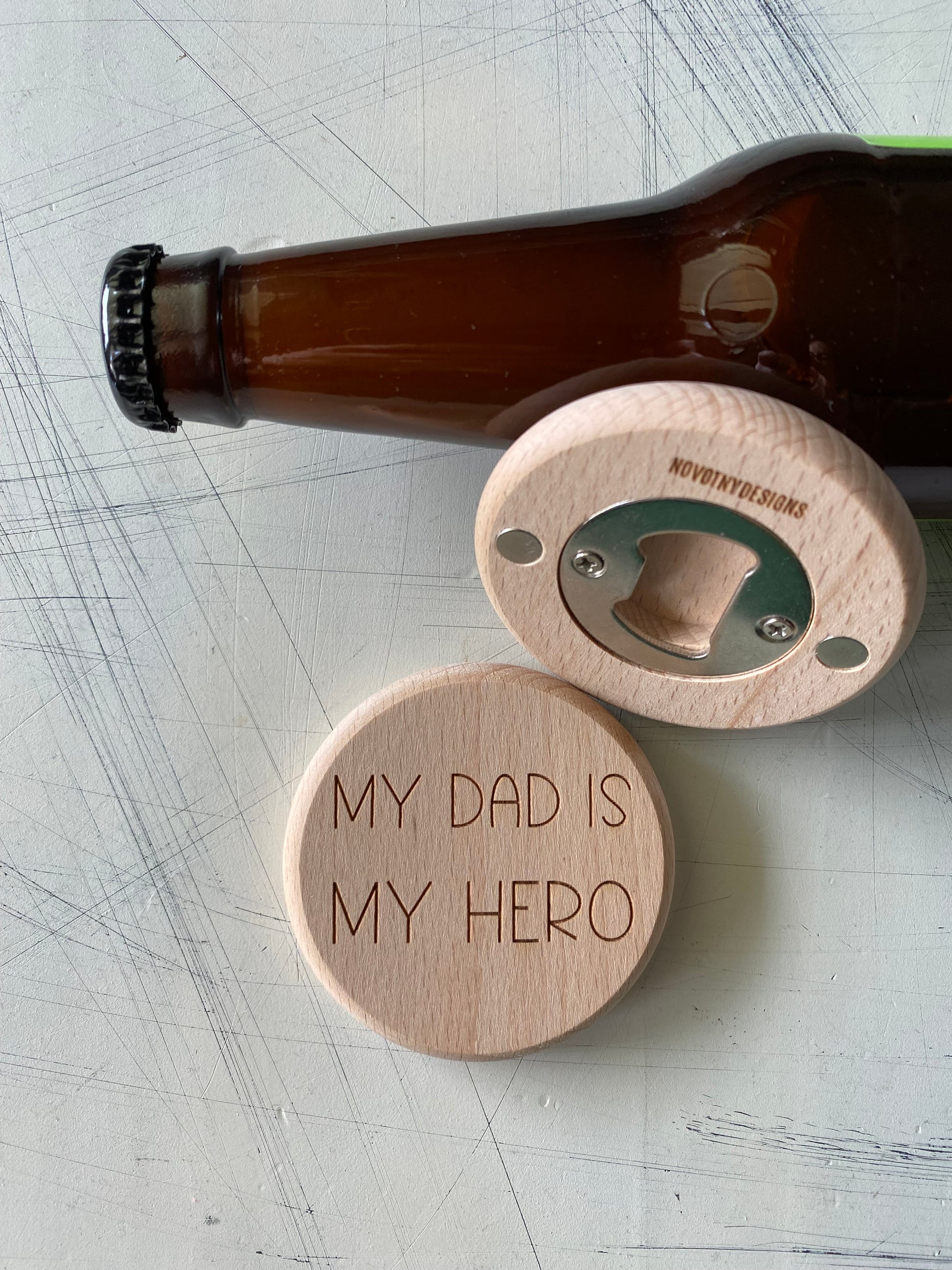 My dad is my hero - Novotny Designs - engraved wood magnetic wood bottle opener