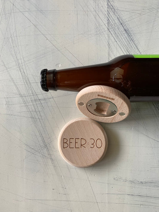 Beer:30 - Novotny Designs - engraved wood magnetic bottle opener