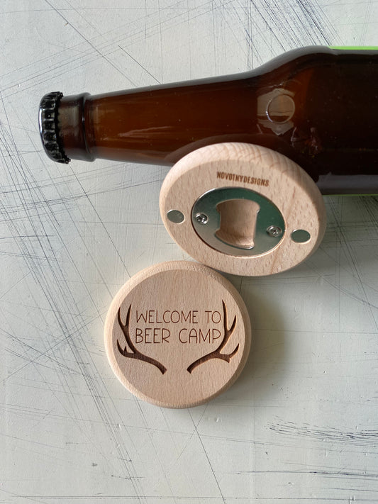 Welcome to Beer Camp - Novotny Designs - engraved wood magnetic wood bottle opener