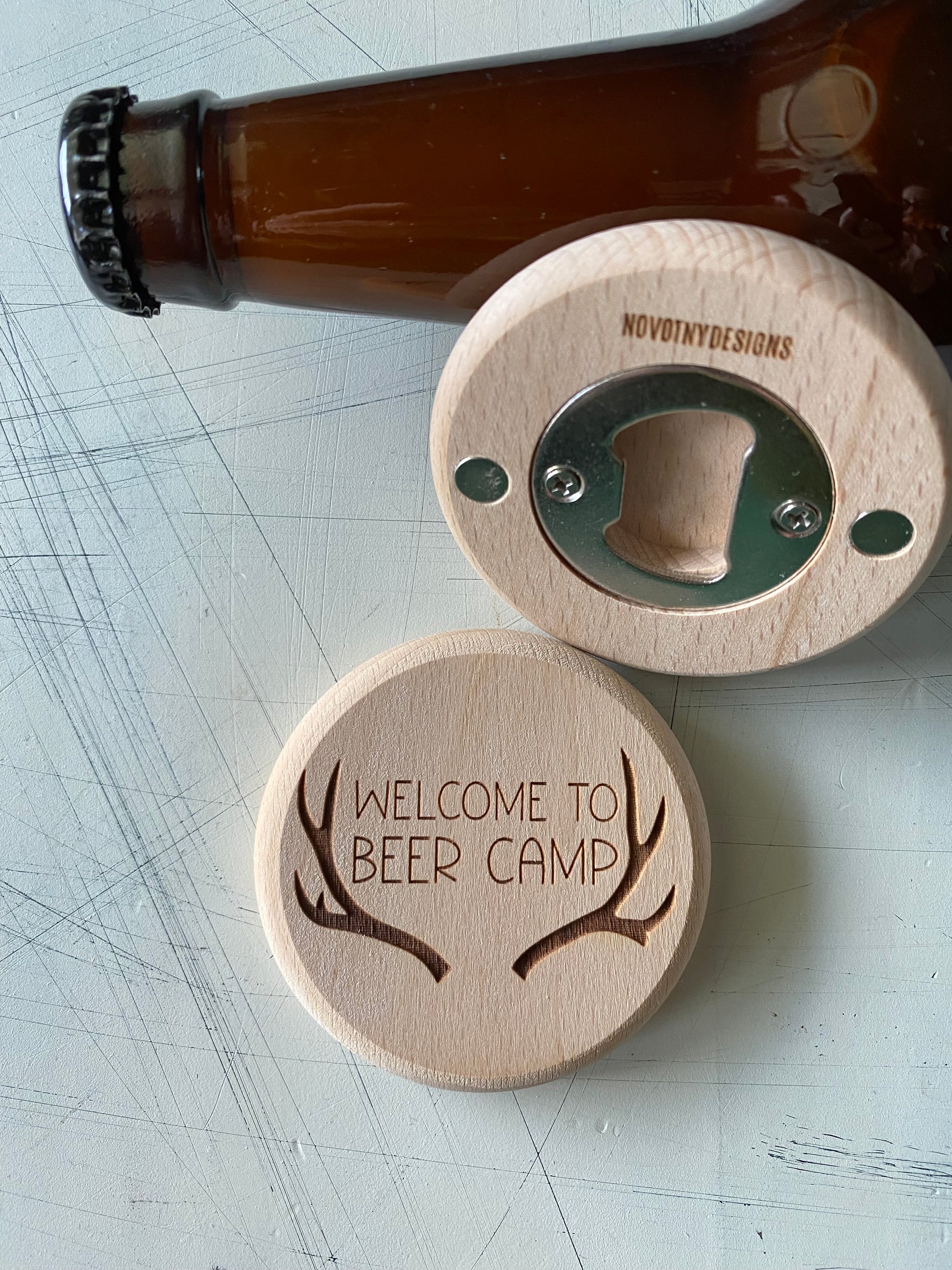 Welcome to Beer Camp - Novotny Designs - engraved wood magnetic wood bottle opener