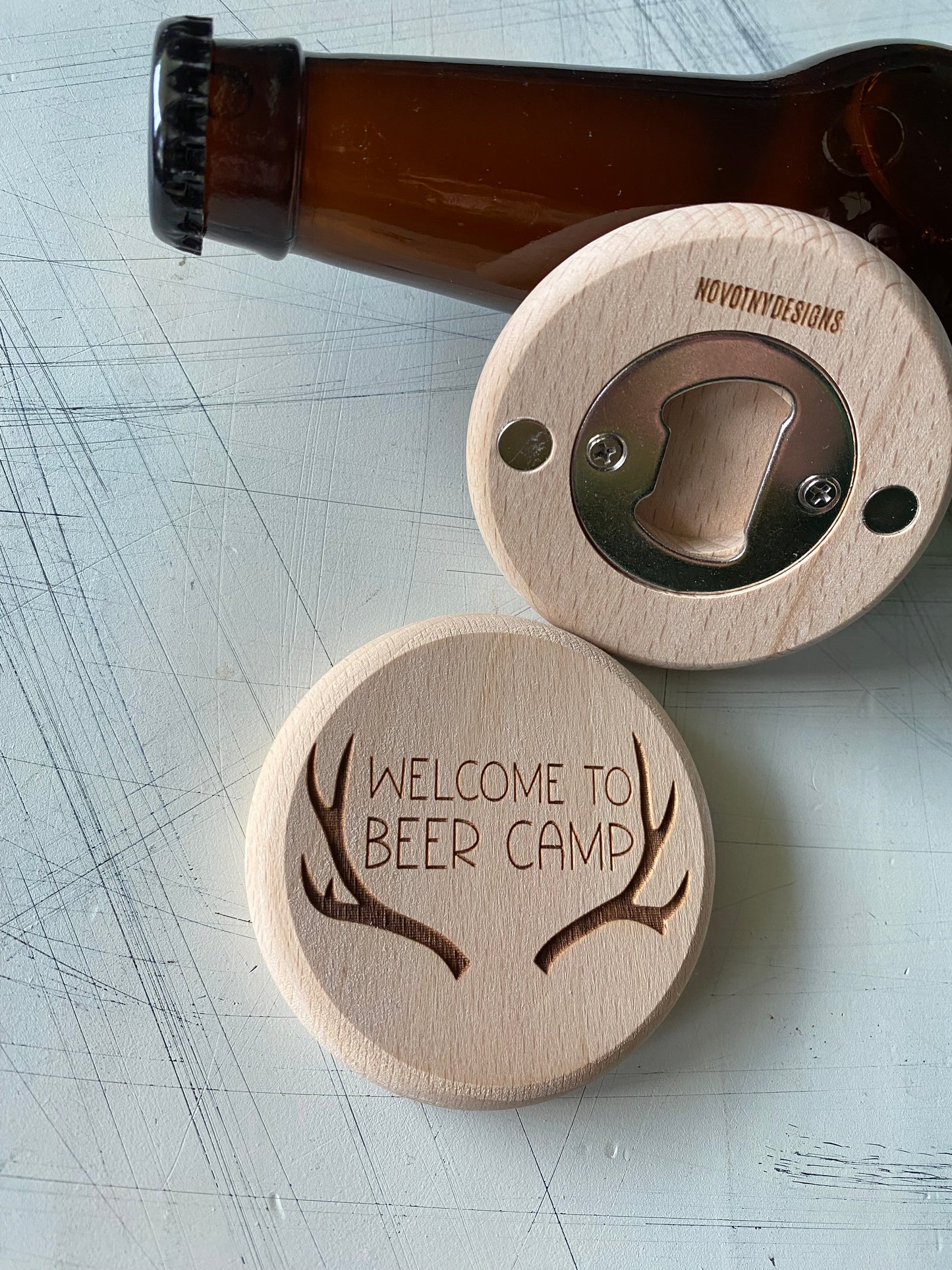 Welcome to Beer Camp - Novotny Designs - engraved wood magnetic wood bottle opener