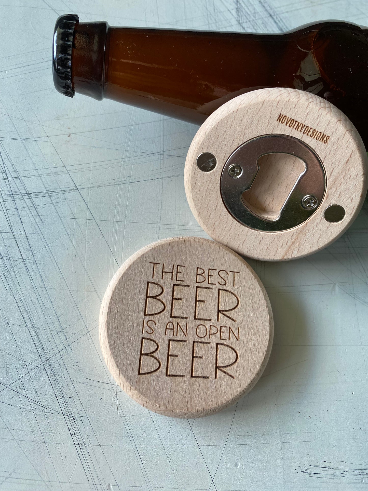 The best beer is an open beer - Novotny Designs - engraved wood magnetic wood bottle opener