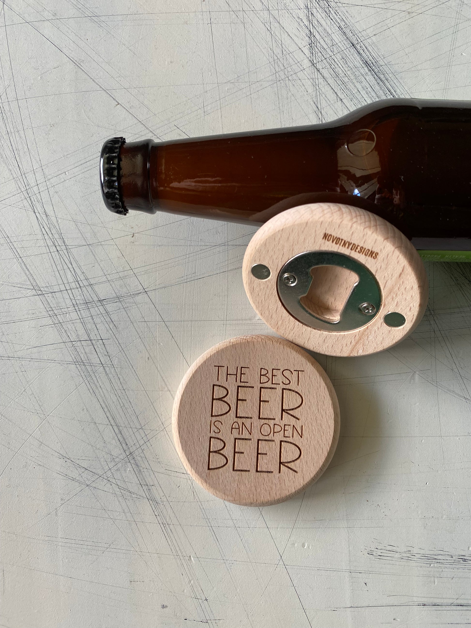 The best beer is an open beer - Novotny Designs - engraved wood magnetic wood bottle opener