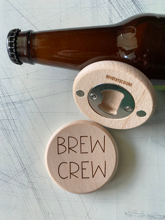 Brew Crew - Novotny Designs - engraved wood magnetic bottle opener