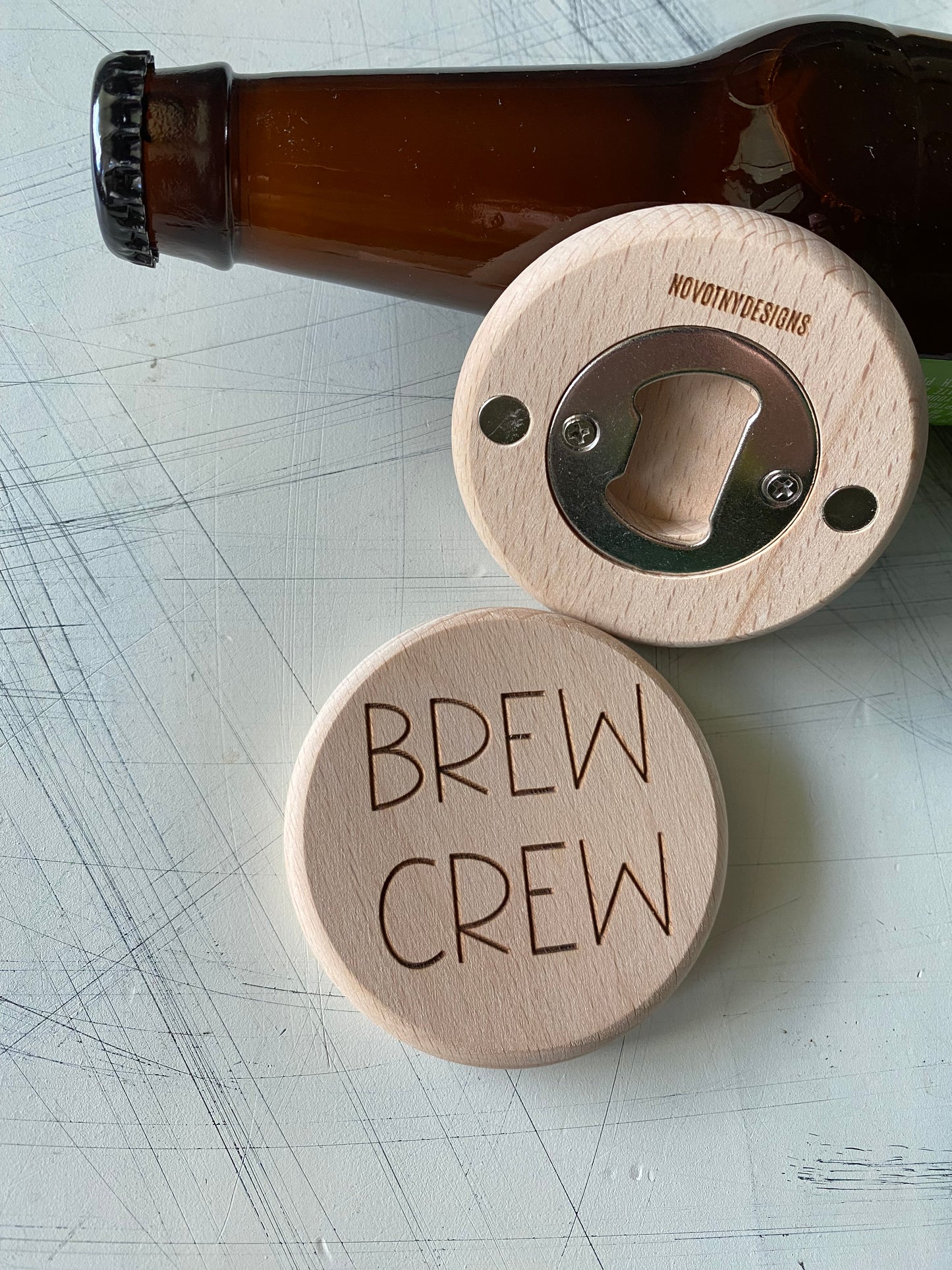 Brew Crew - Novotny Designs - engraved wood magnetic bottle opener