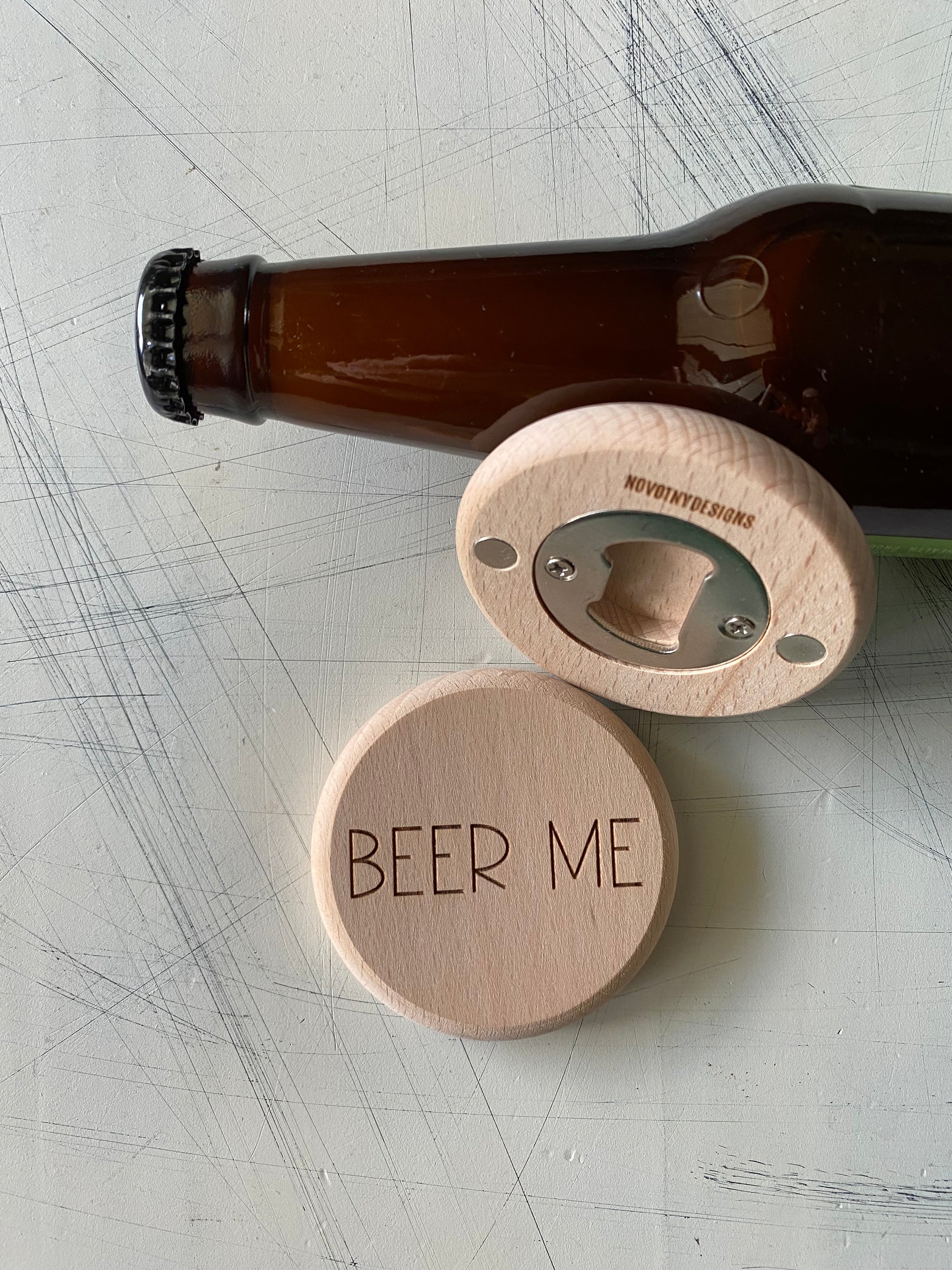 Beer Me - Novotny Designs - engraved wood magnetic bottle opener