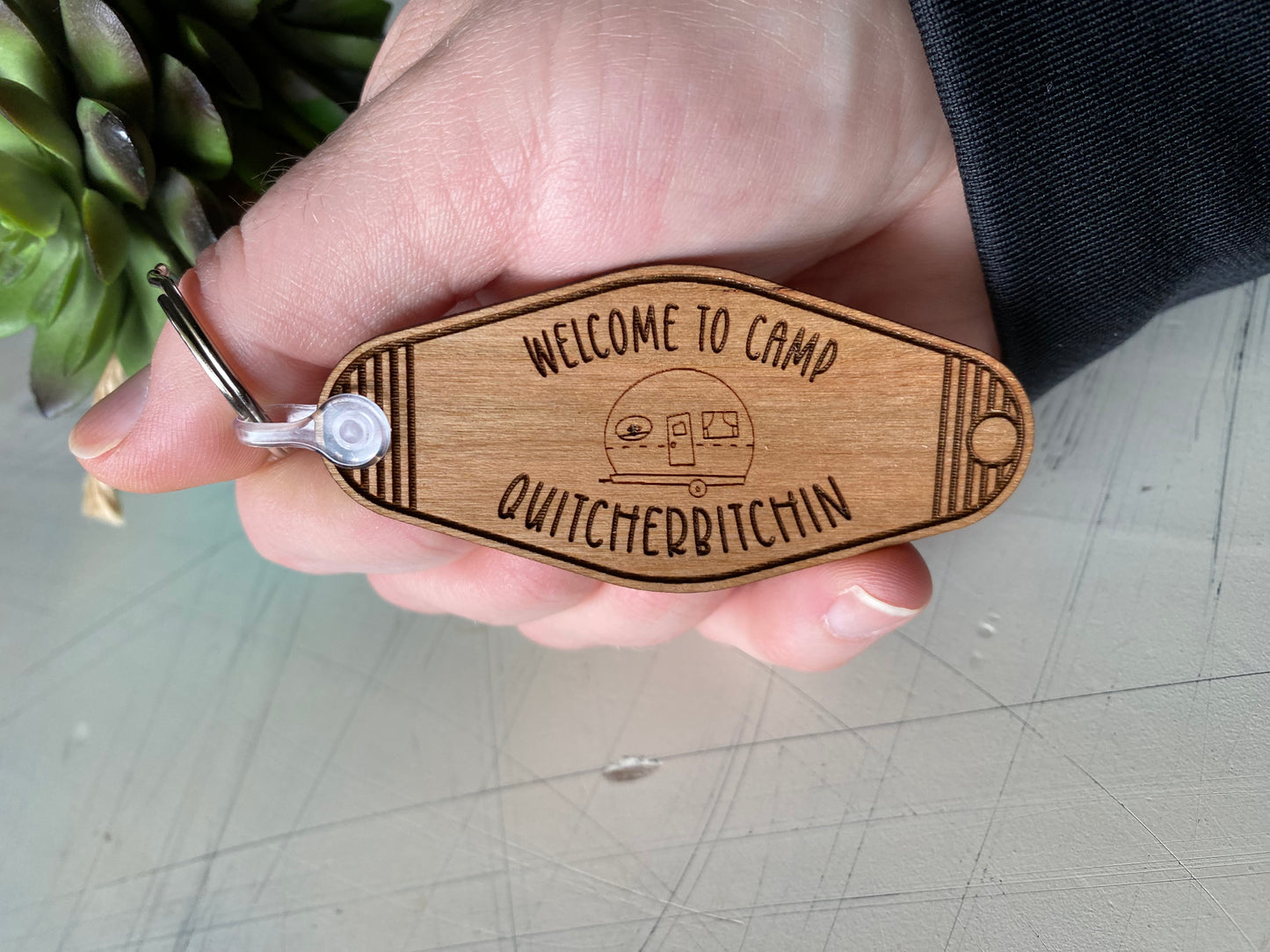 Welcome to Camp Quitcherbitchin - wood keychain - Novotny Designs - motel style keychain