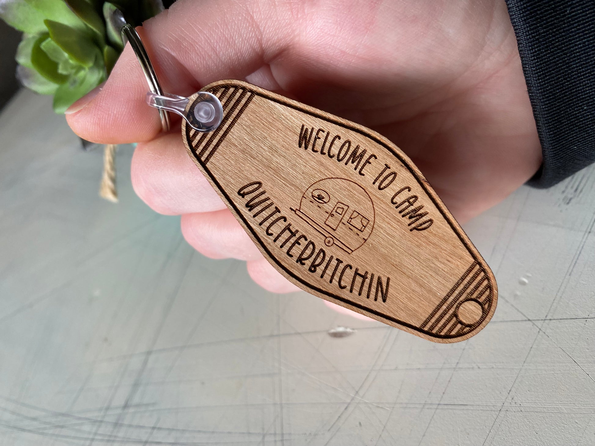 Welcome to Camp Quitcherbitchin - wood keychain - Novotny Designs - motel style keychain