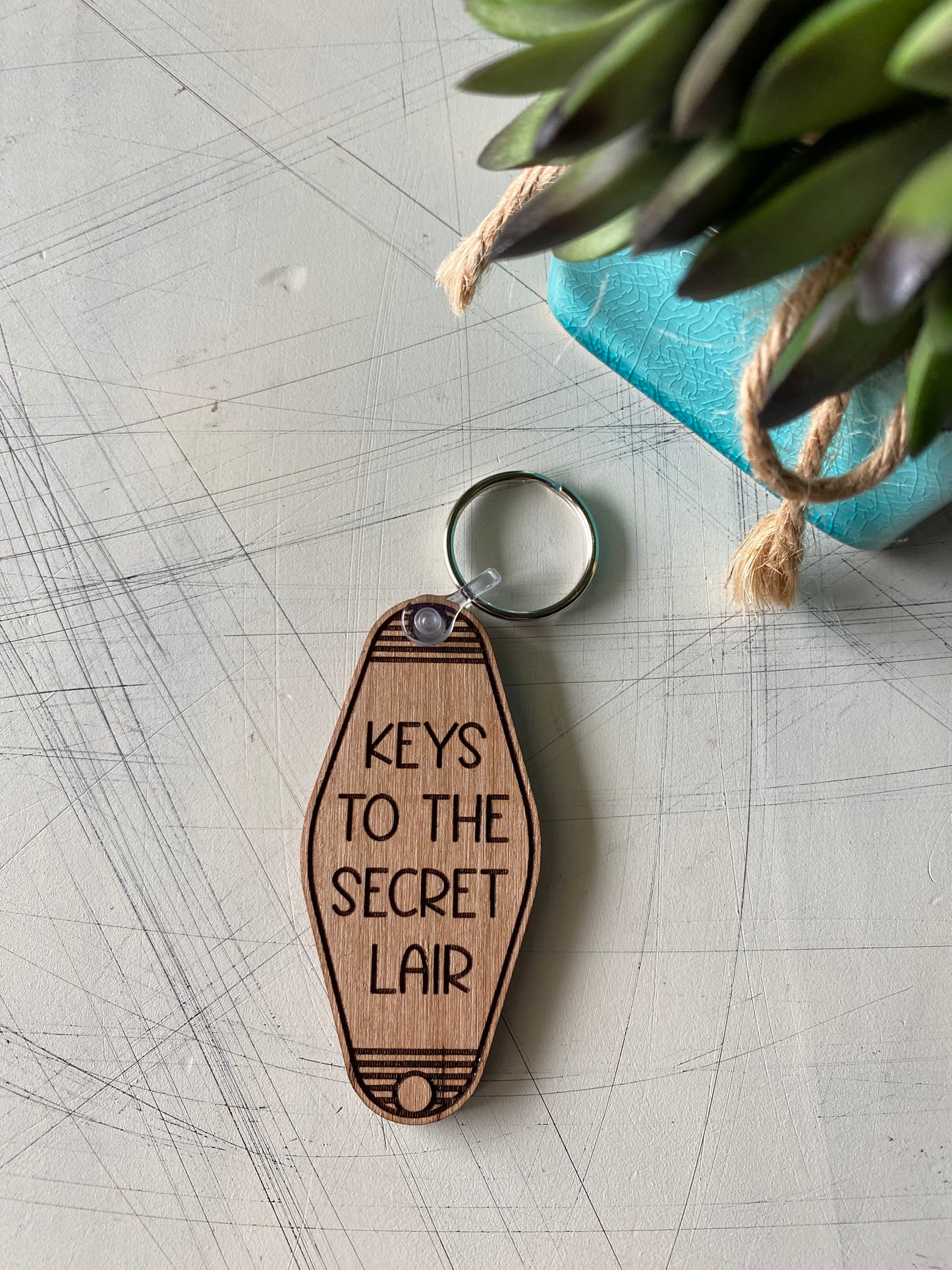 Keys to the Secret Lair - wood keychain - Novotny Designs - motel style keychain