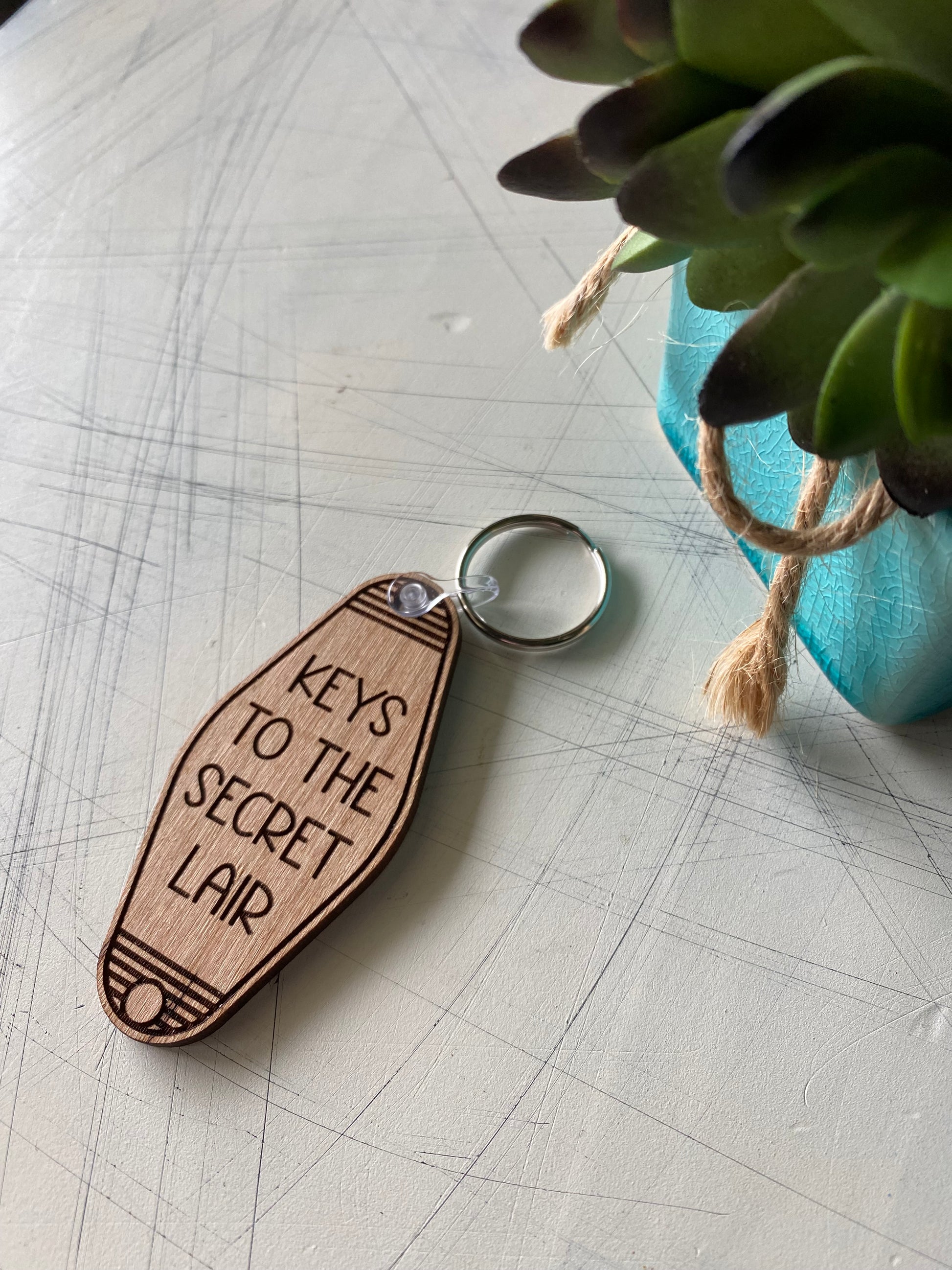 Keys to the Secret Lair - wood keychain - Novotny Designs - motel style keychain