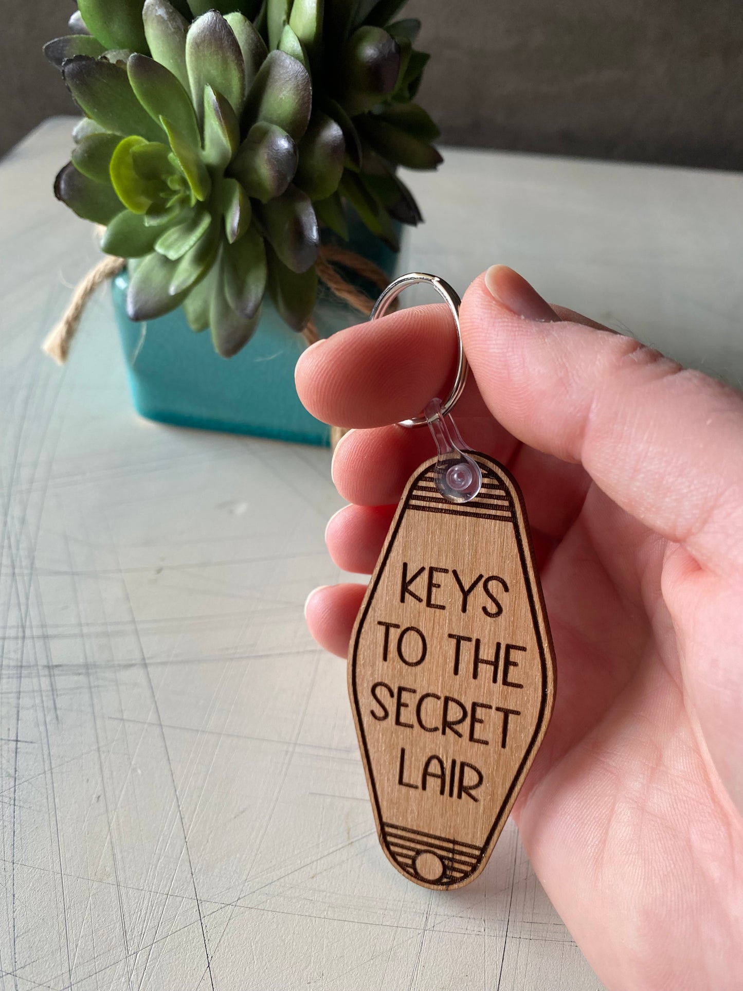 Keys to the Secret Lair - wood keychain - Novotny Designs - motel style keychain