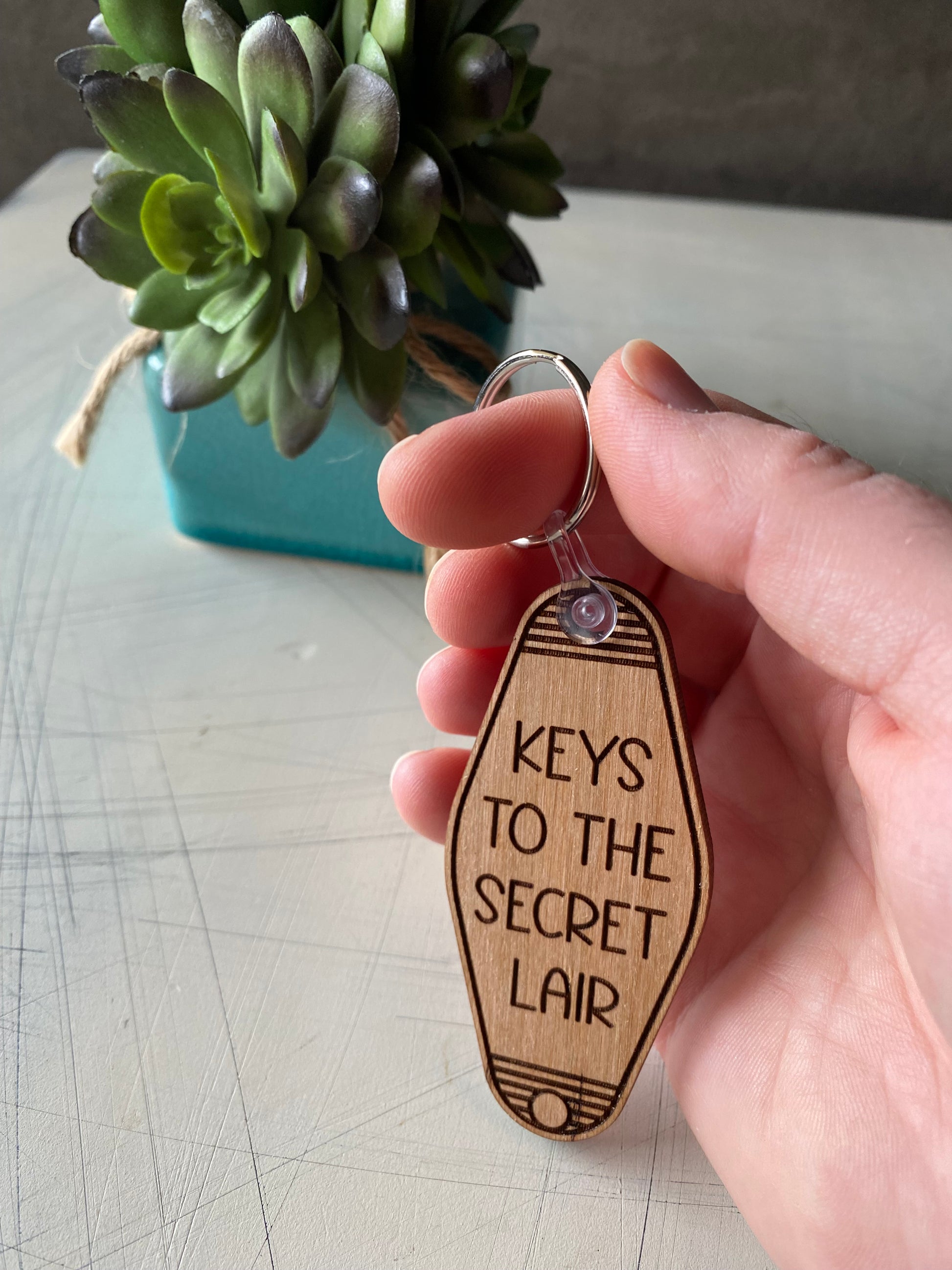 Keys to the Secret Lair - wood keychain - Novotny Designs - motel style keychain