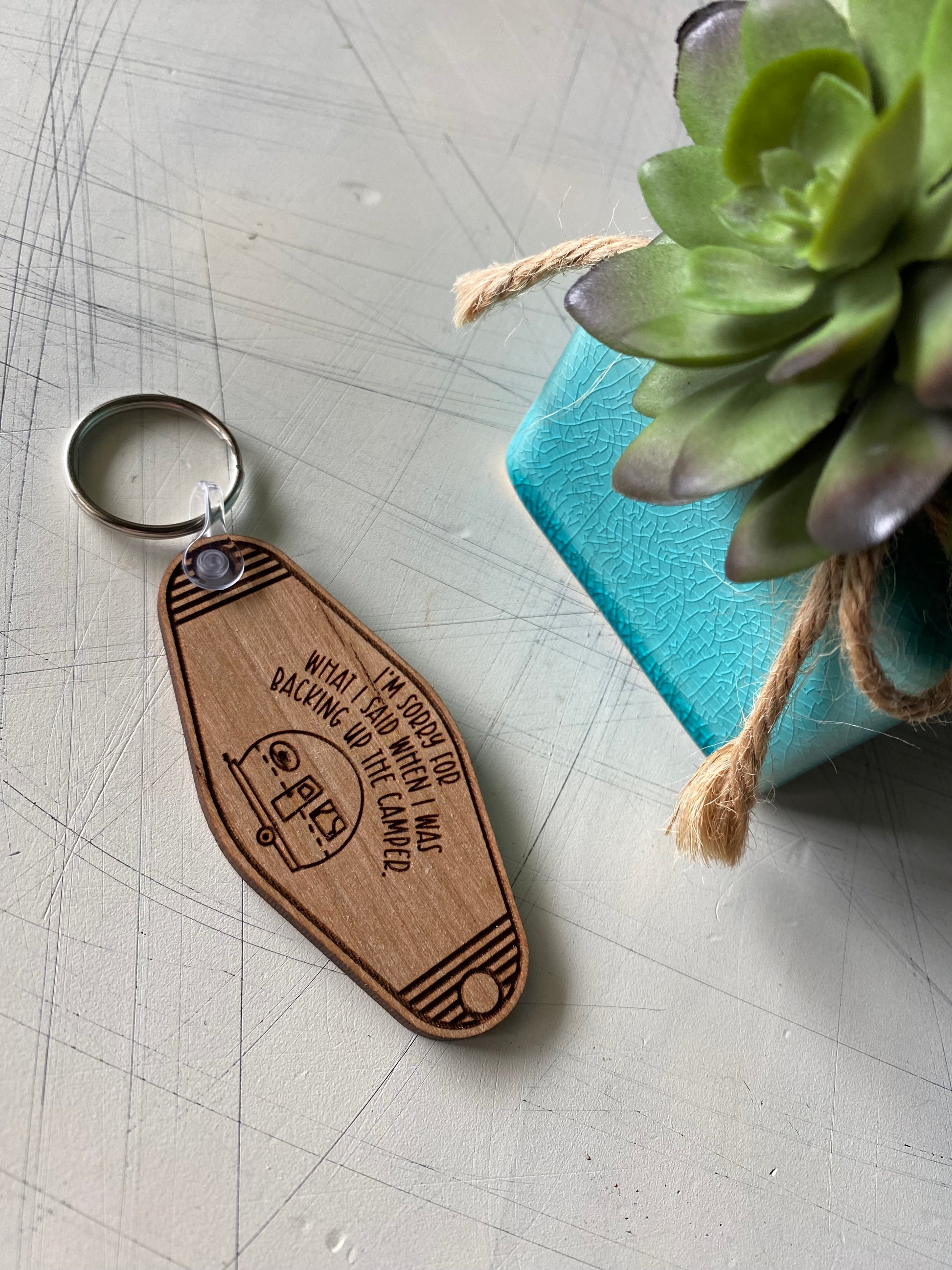 I'm sorry for what I said when I was backing up the camper - wood keychain - Novotny Designs - motel style keychain