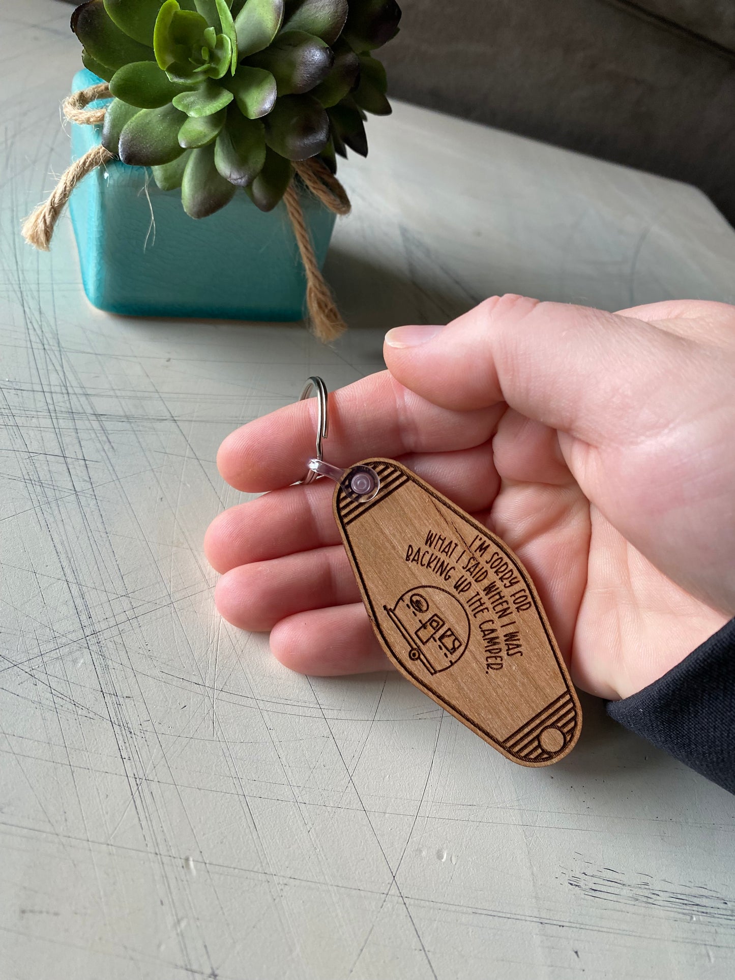 I'm sorry for what I said when I was backing up the camper - wood keychain - Novotny Designs - motel style keychain