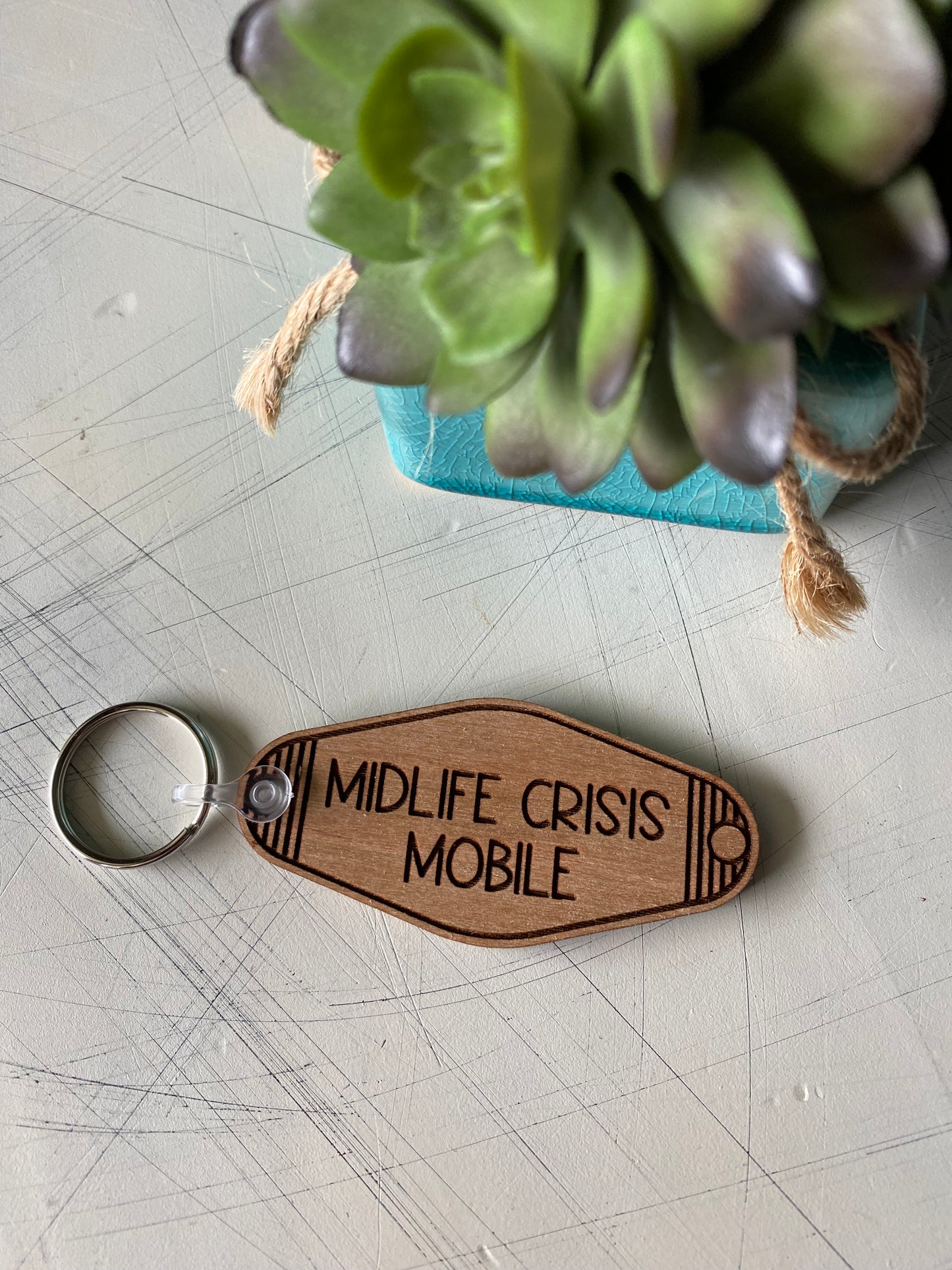 Midlife Crisis Mobile - wood keychain - Novotny Designs - motel style keychain
